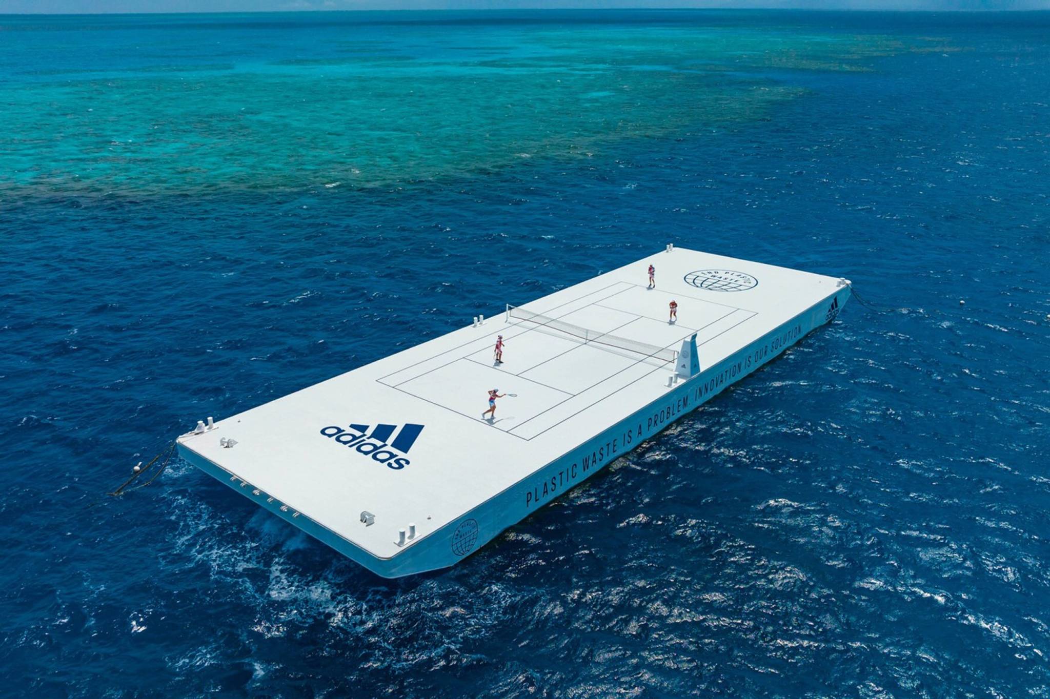 Floating tennis court serves ocean-pollution awareness