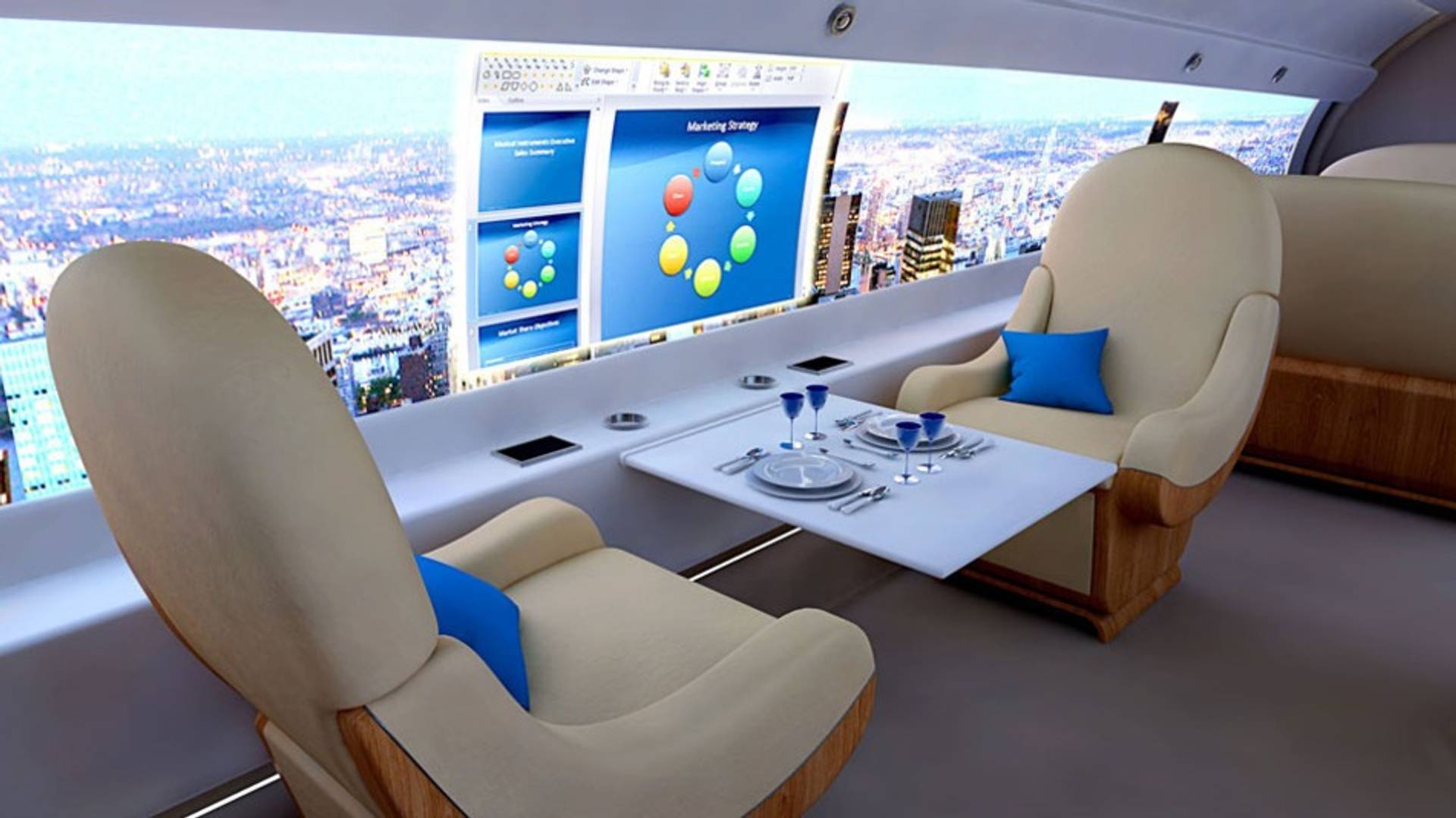 The windowless jet has screens instead