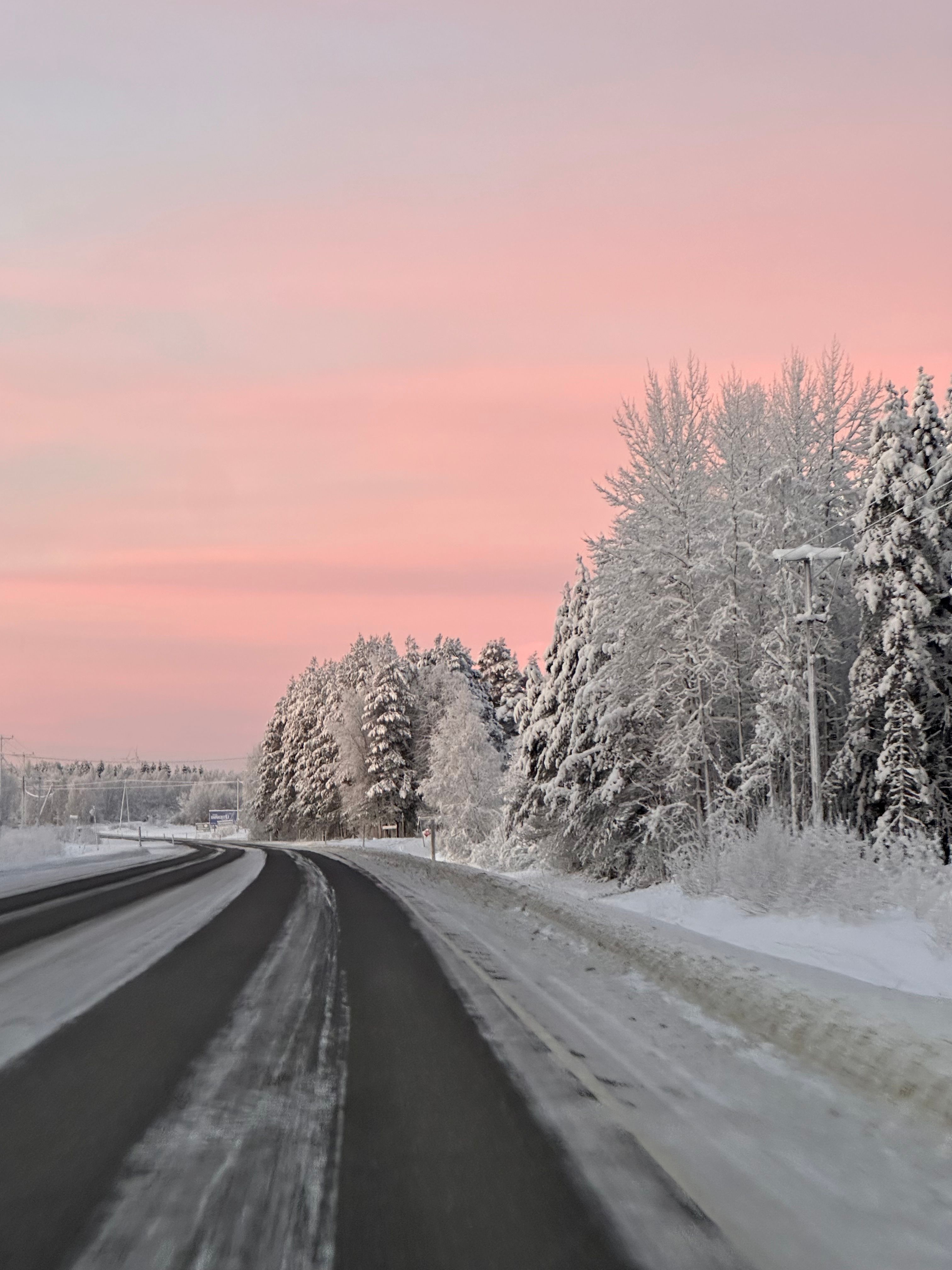 A snow-covered road curves through a winter forest beneath a pink dawn sky.