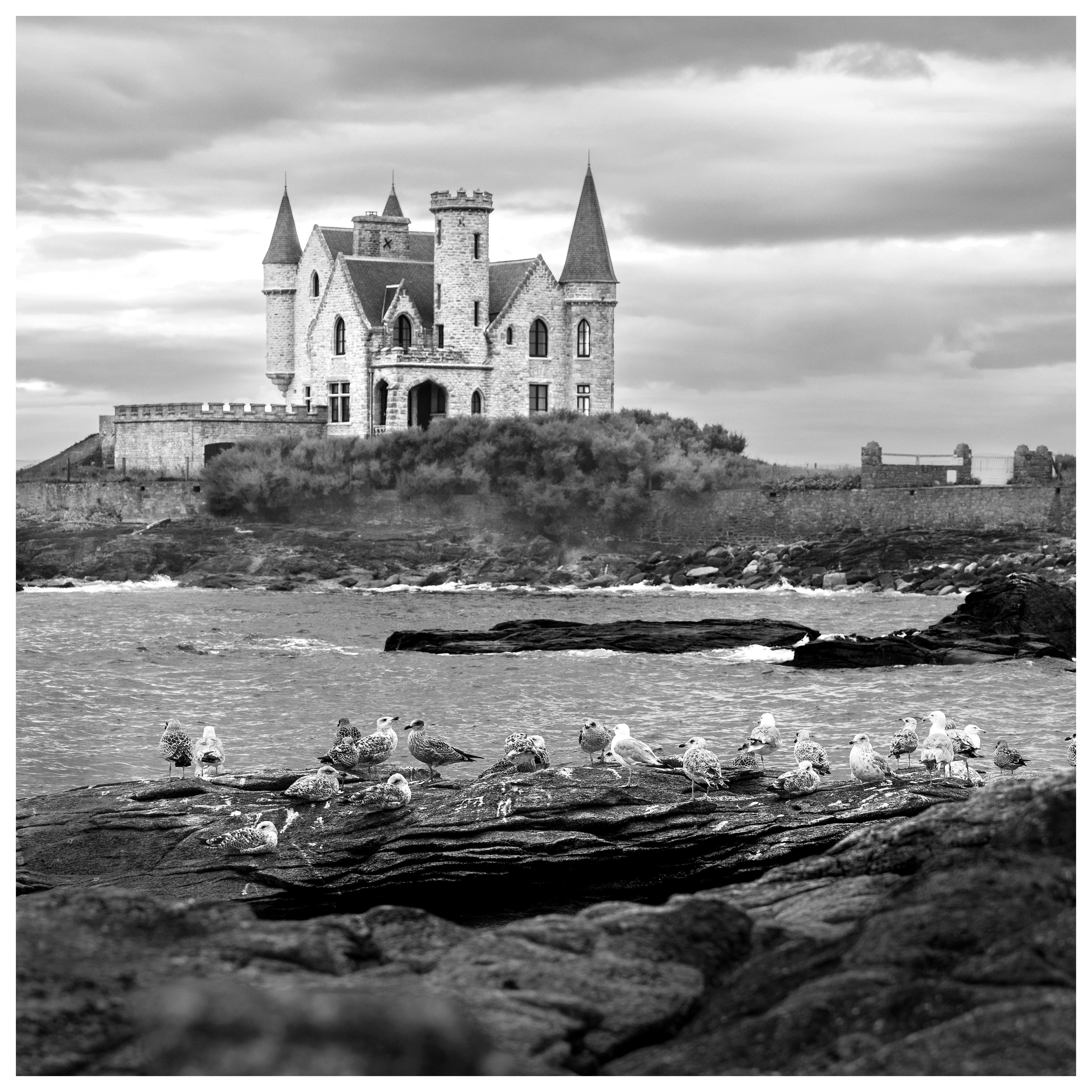 Black-and-white view of Château de Turpault in Quiberon, with gulls perched on rocks in the foreground and a stormy sky overhead.