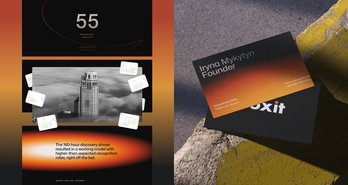 Coxit's expanded brand system carried through to business cards and case-study collateral