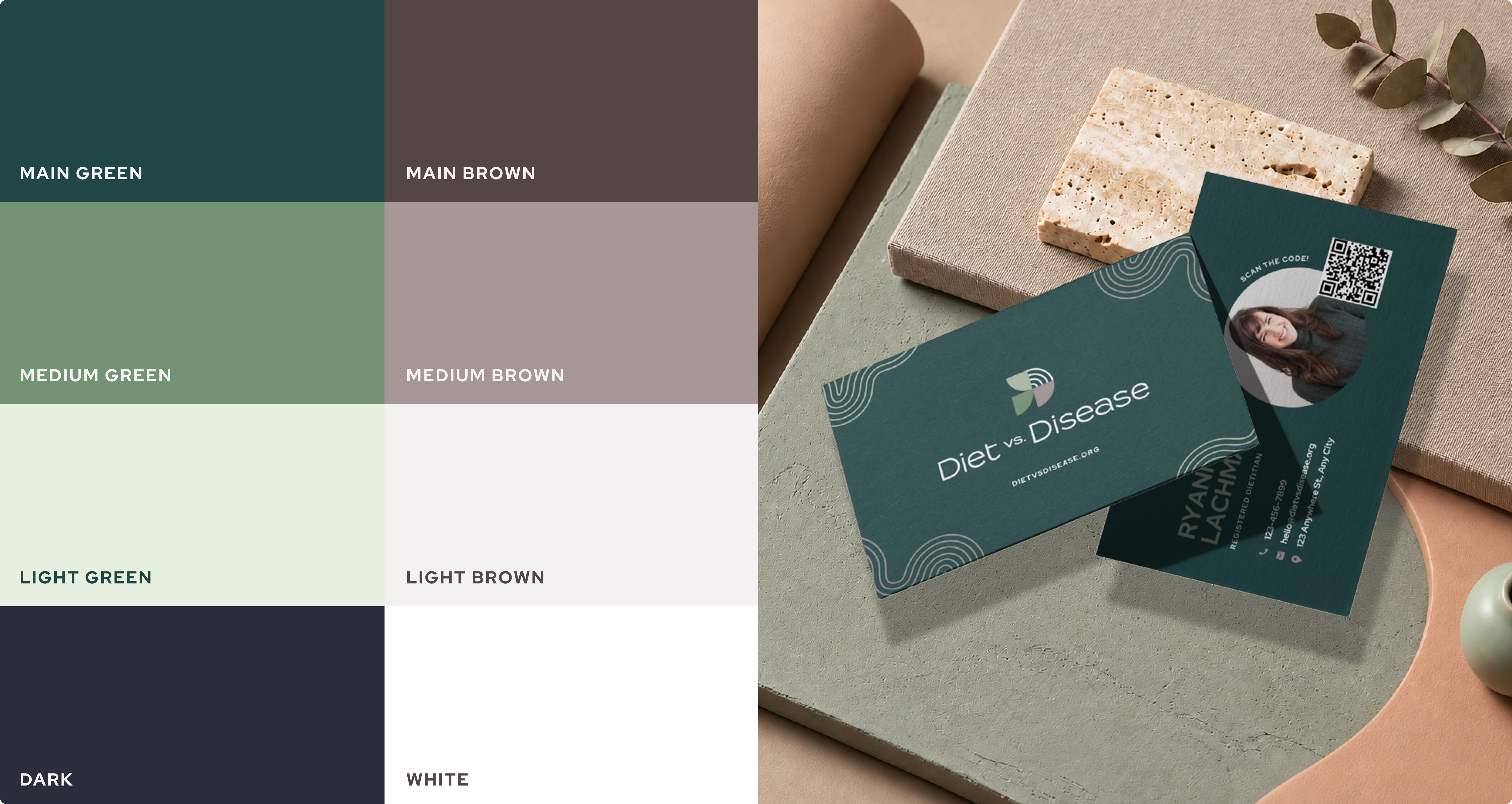 Diet vs Disease brand imagery and printed business cards