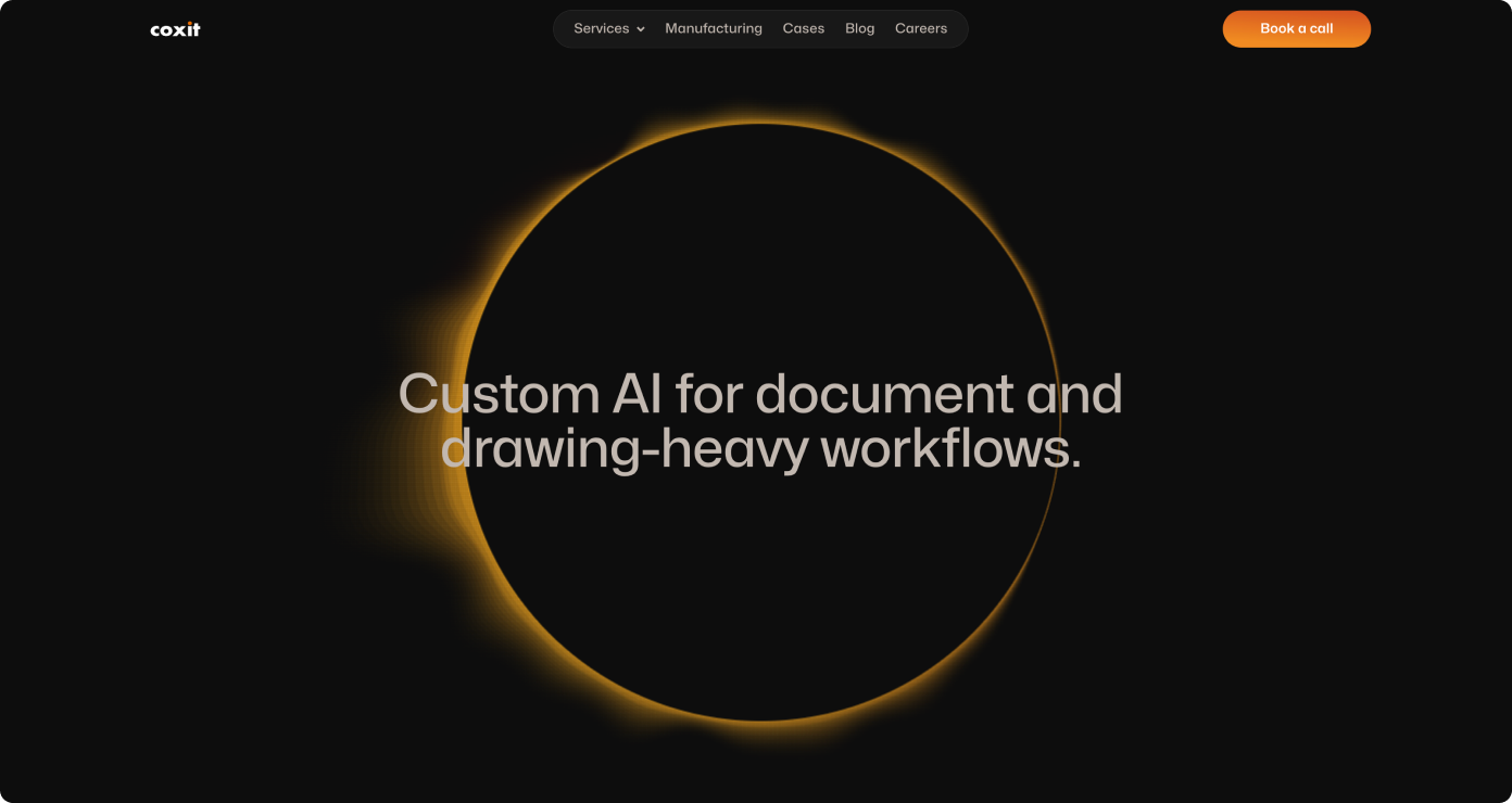Coxit homepage hero — "Custom AI for document and drawing-heavy workflows"