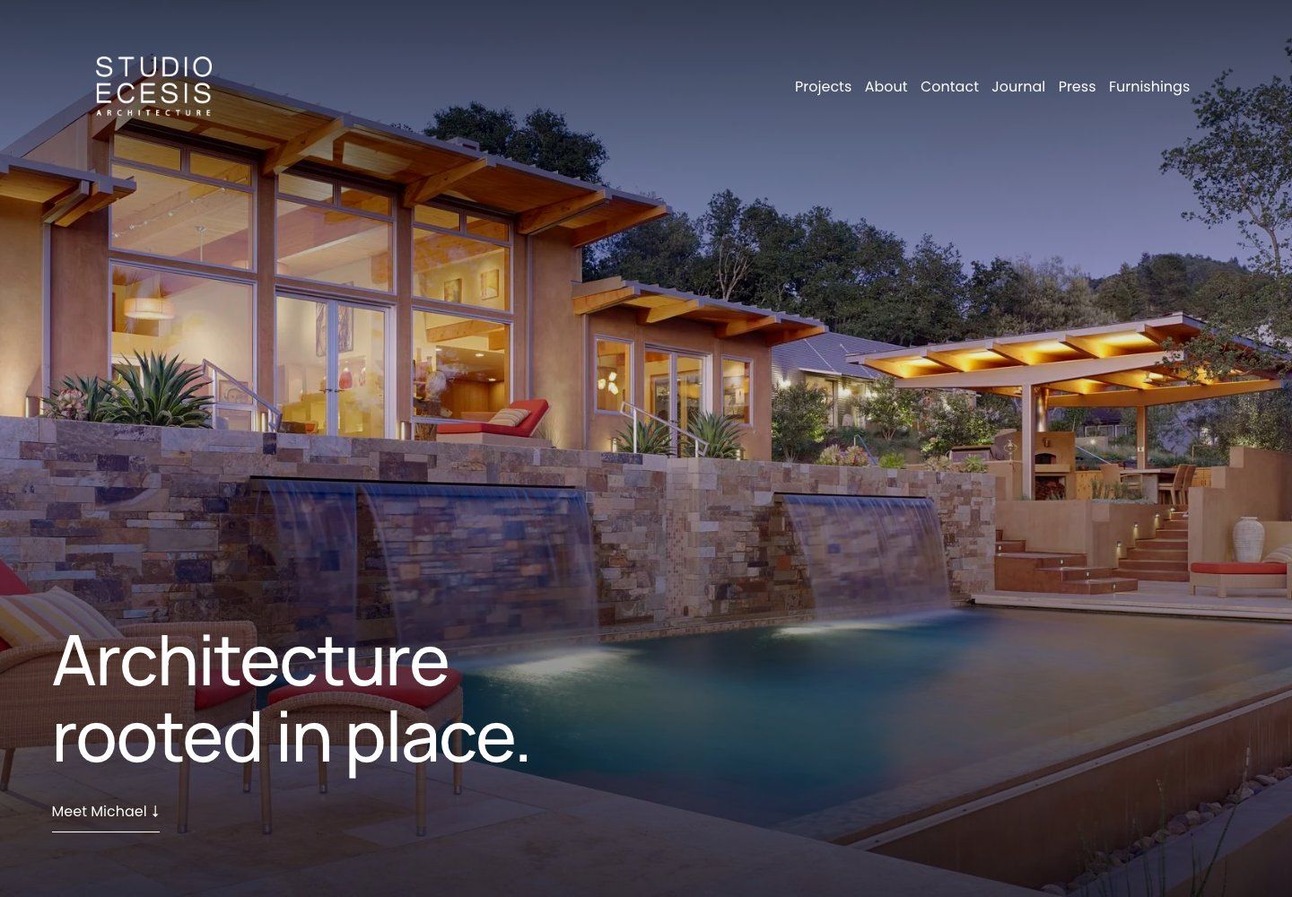 The WordPress demonstration homepage after the optional redesign, with an architectural photograph and the headline Architecture rooted in place.