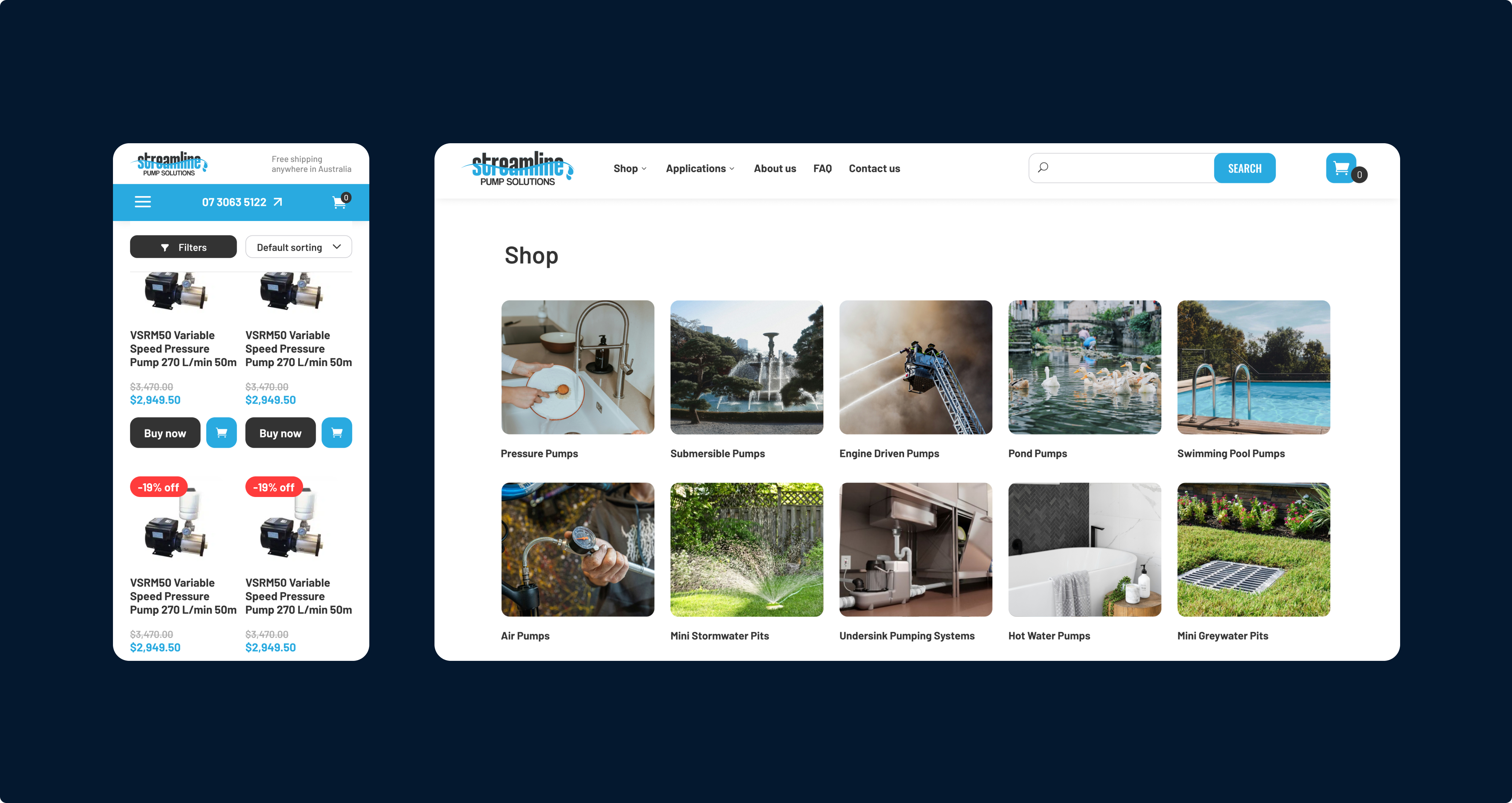 Streamline shop categories on desktop and a filtered product listing on mobile