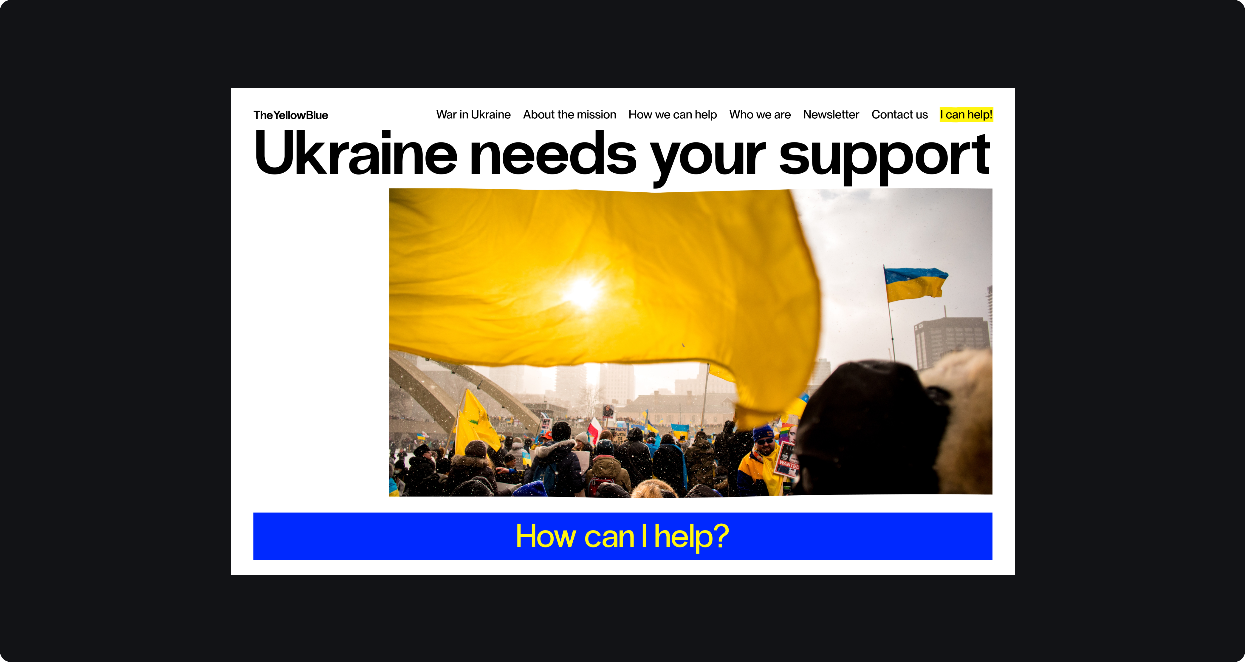 The Yellow Blue homepage — “Ukraine needs your support” with a “How can I help?” button