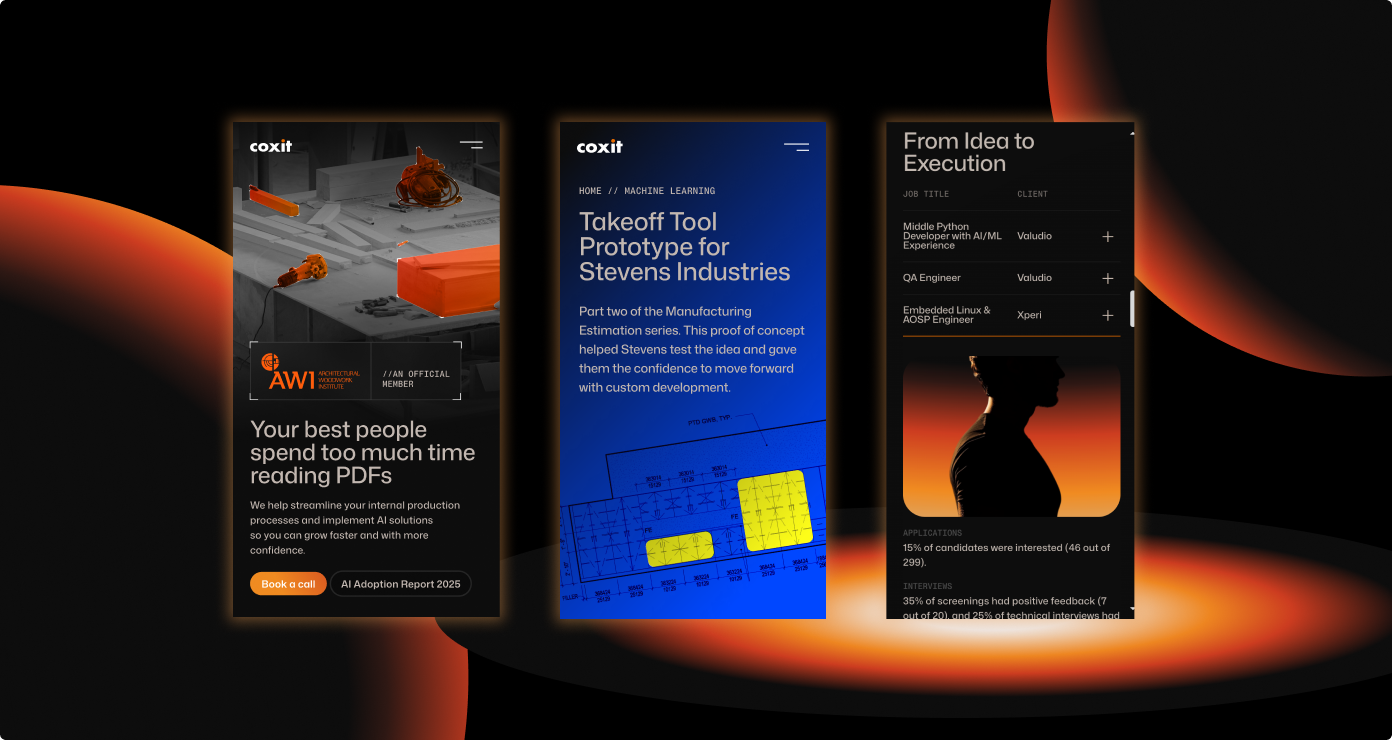 Mobile mockups of the Coxit case-study, PDF-automation, and careers pages