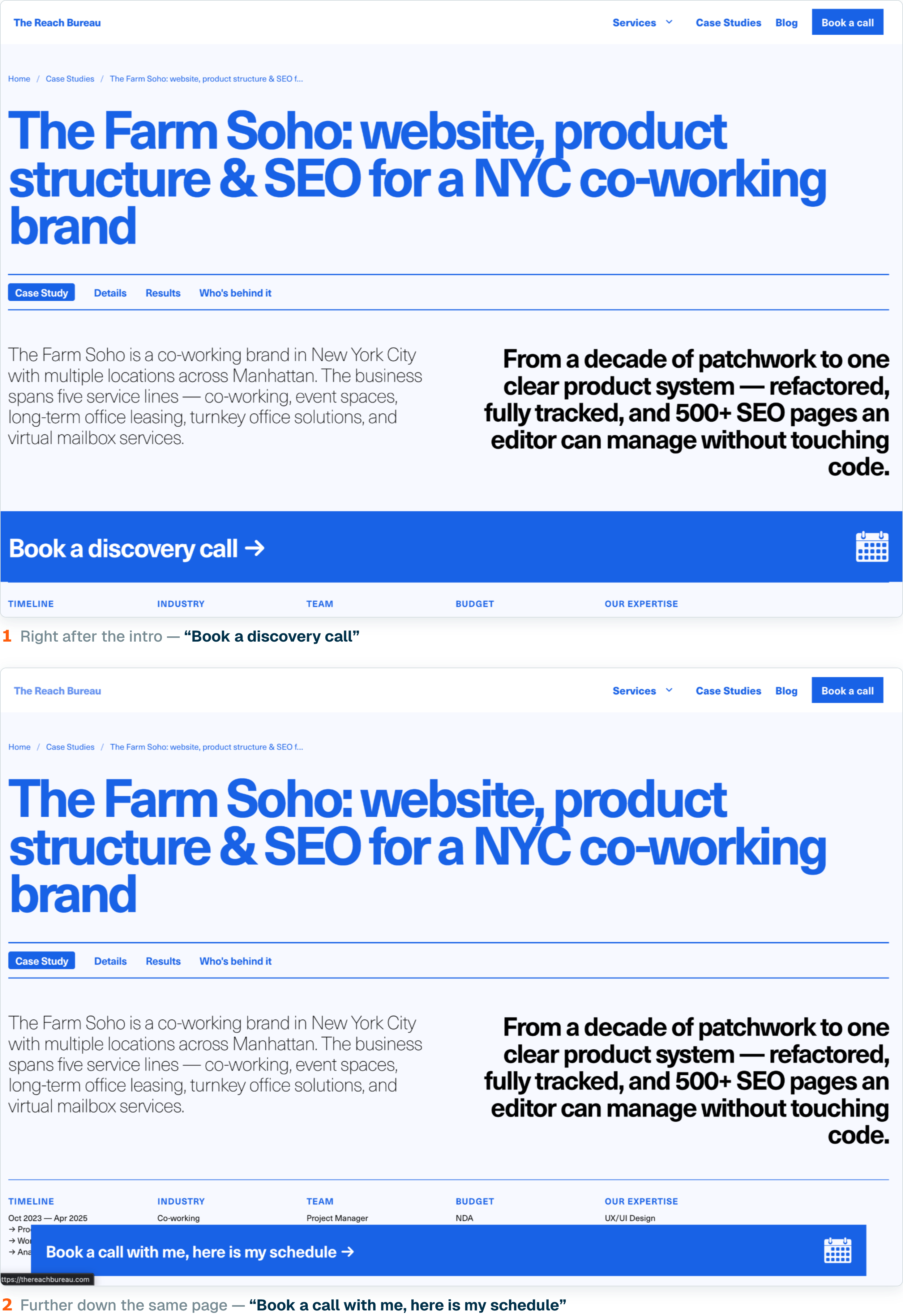 Two screenshots of the same Reach Bureau case-study page, one above the other. In the first, a full-width blue bar right after the intro reads "Book a discovery call". In the second, further down the same page, a second blue bar reads "Book a call with me, here is my schedule".