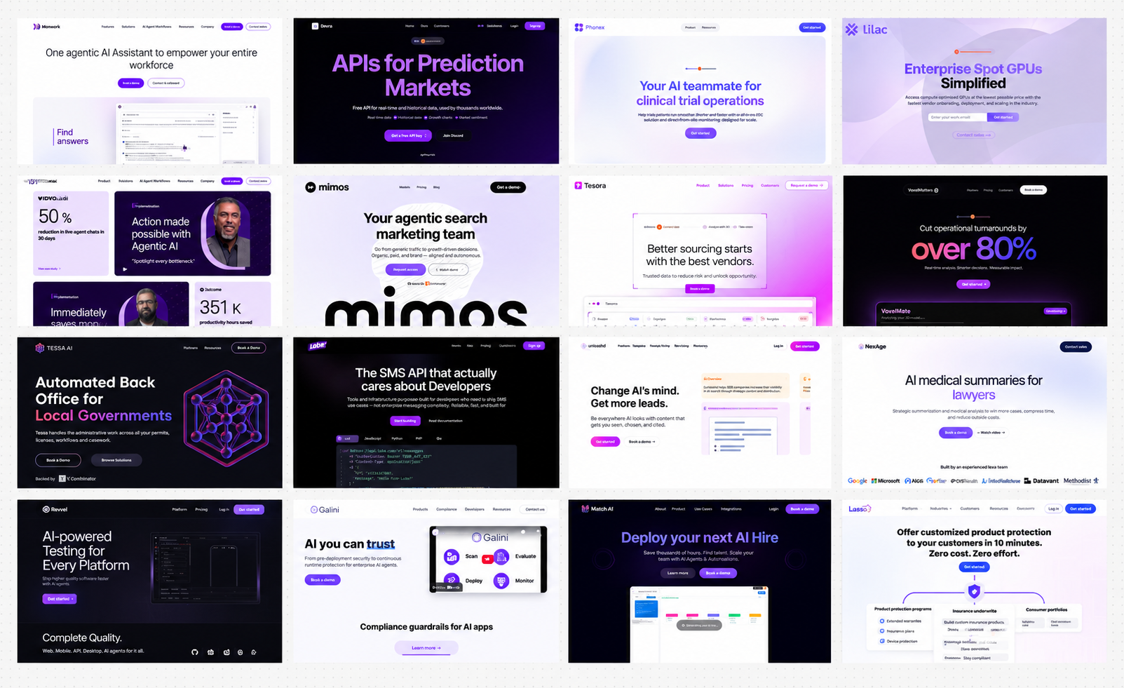 A grid of sixteen AI-startup landing pages side by side: near-identical purple and lavender gradients, centered bold headlines, pill-shaped violet buttons and the same clean SaaS layout, repeated across every page.