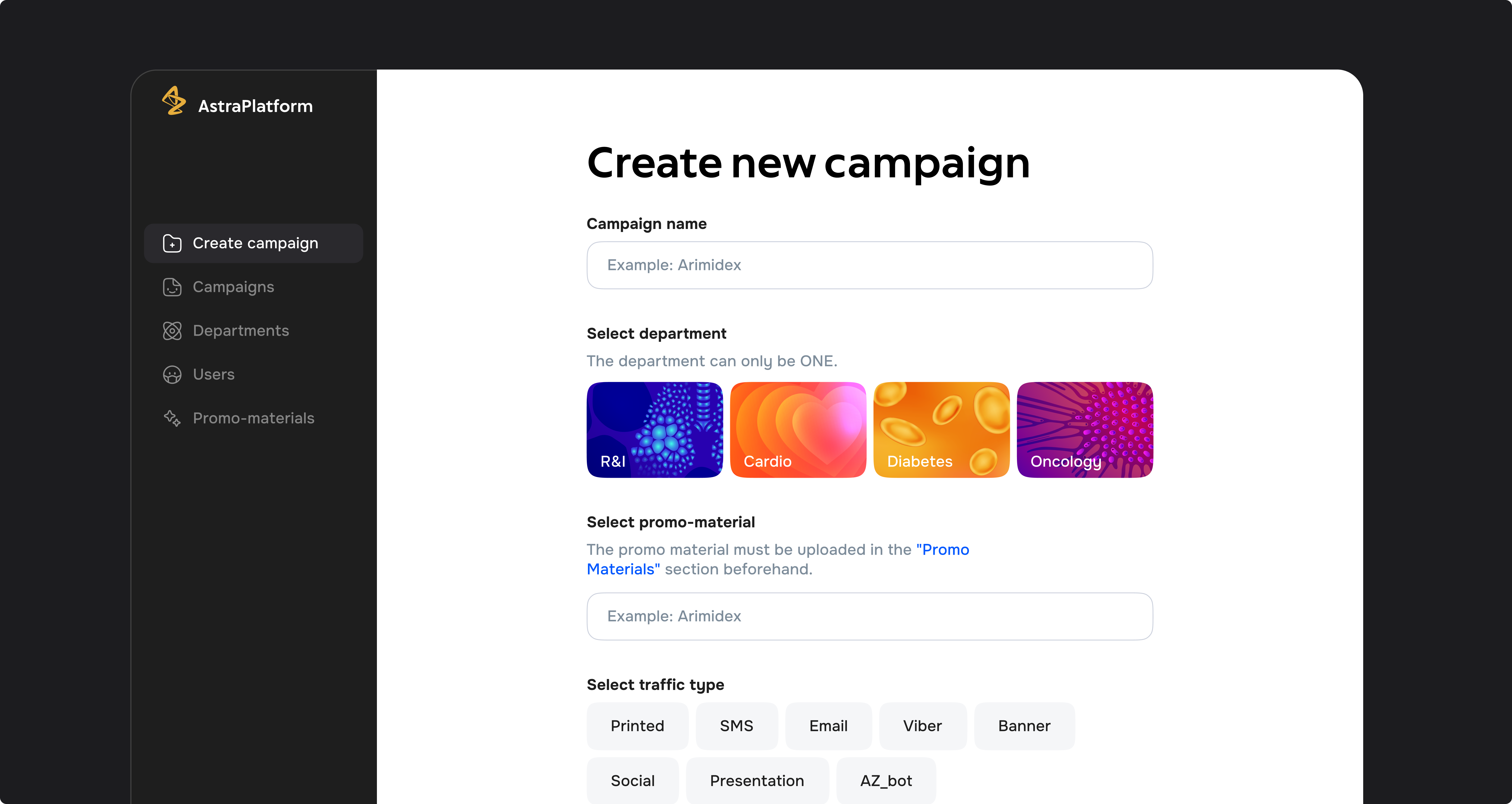 can create new campaign with name, department, promo-material and traffic type