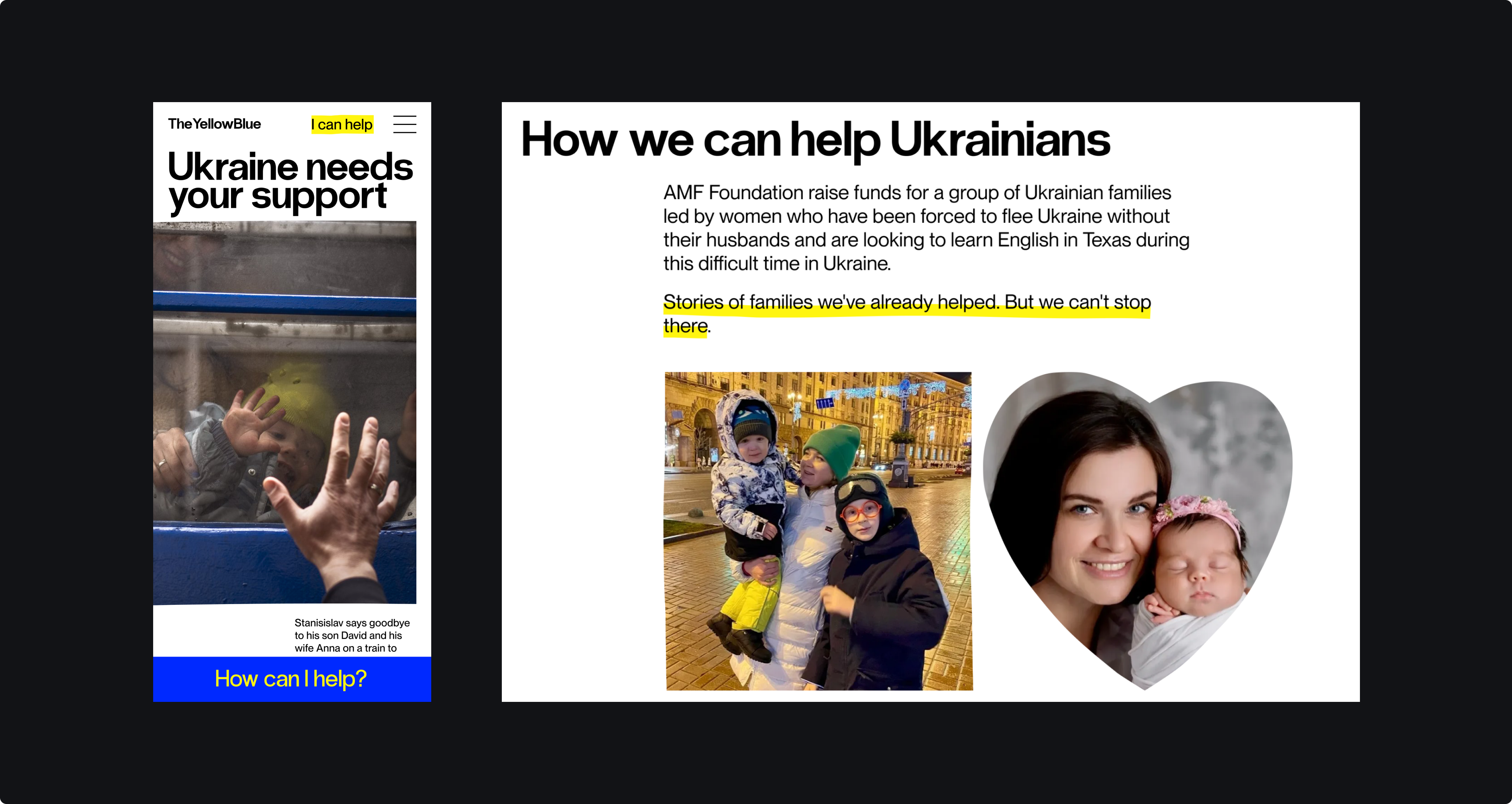 The Yellow Blue homepage on mobile and the “How we can help Ukrainians” page on desktop