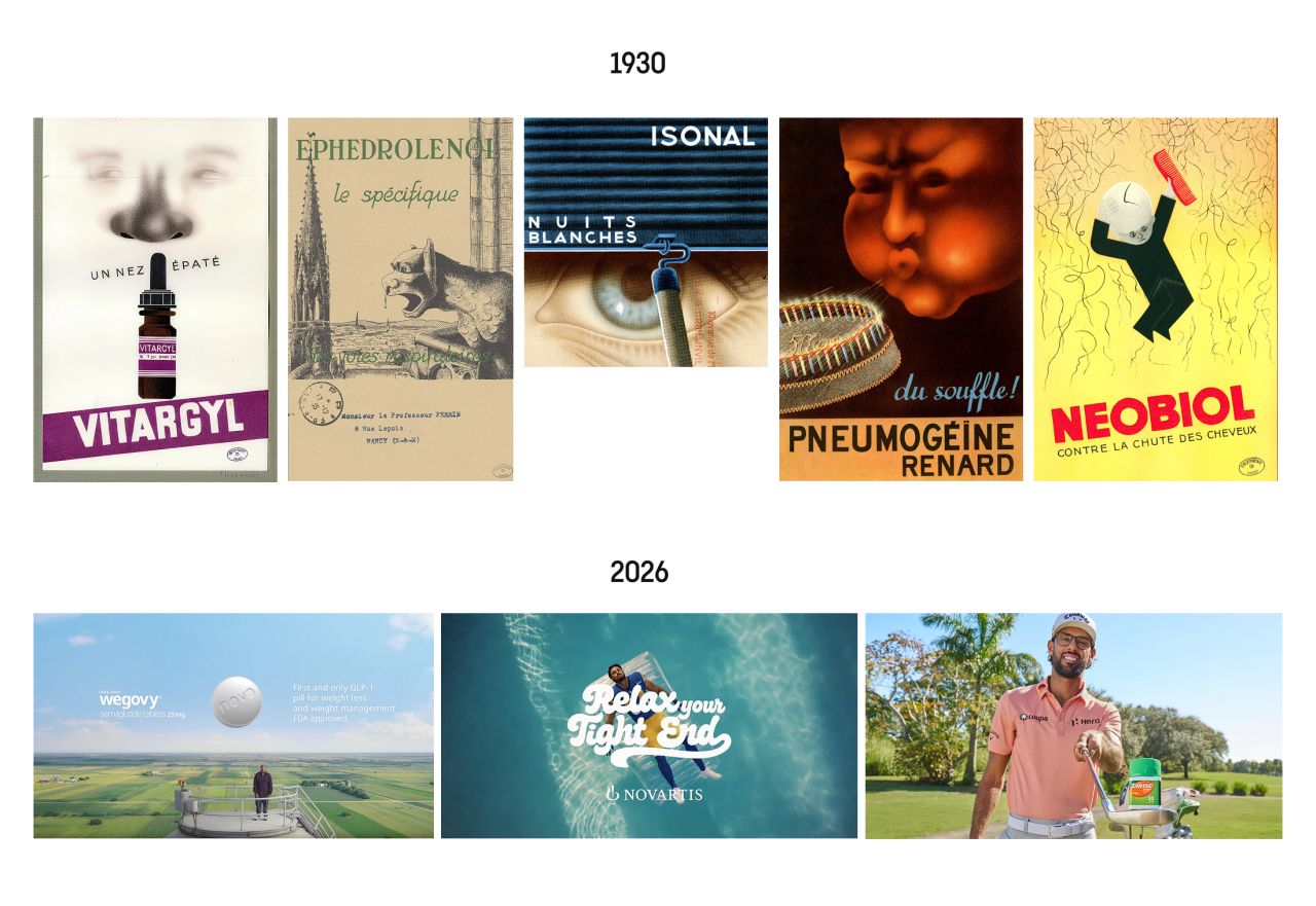 Two rows of pharmaceutical advertising. Top row, labelled 1930: five French drug ads - Vitargyl nose drops, Ephedrolenol illustrated with a cathedral gargoyle, Isonal “Nuits Blanches” showing a single wide-open eye, Pneumogeine Renard, and Neobiol. Bottom row, labelled 2026: three Super Bowl commercial stills - a Wegovy aerial shot of a man standing in a field, a Novartis underwater shot, and a Zyrtec golfer on a sunny course.