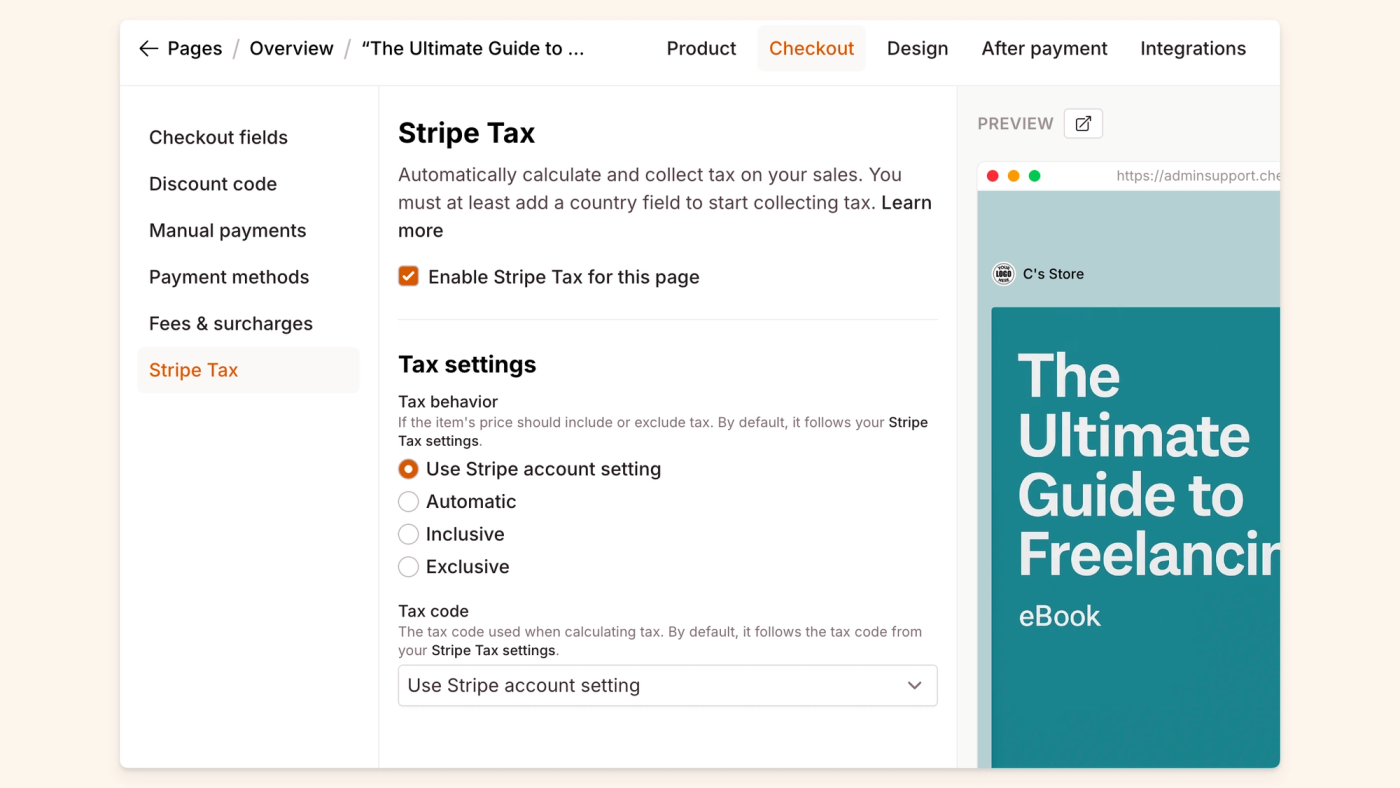 Stripe tax settings in your page