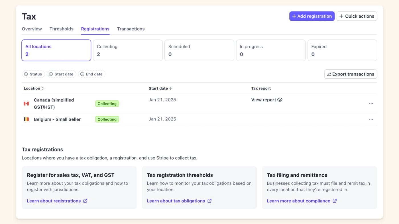 Register locations for tax