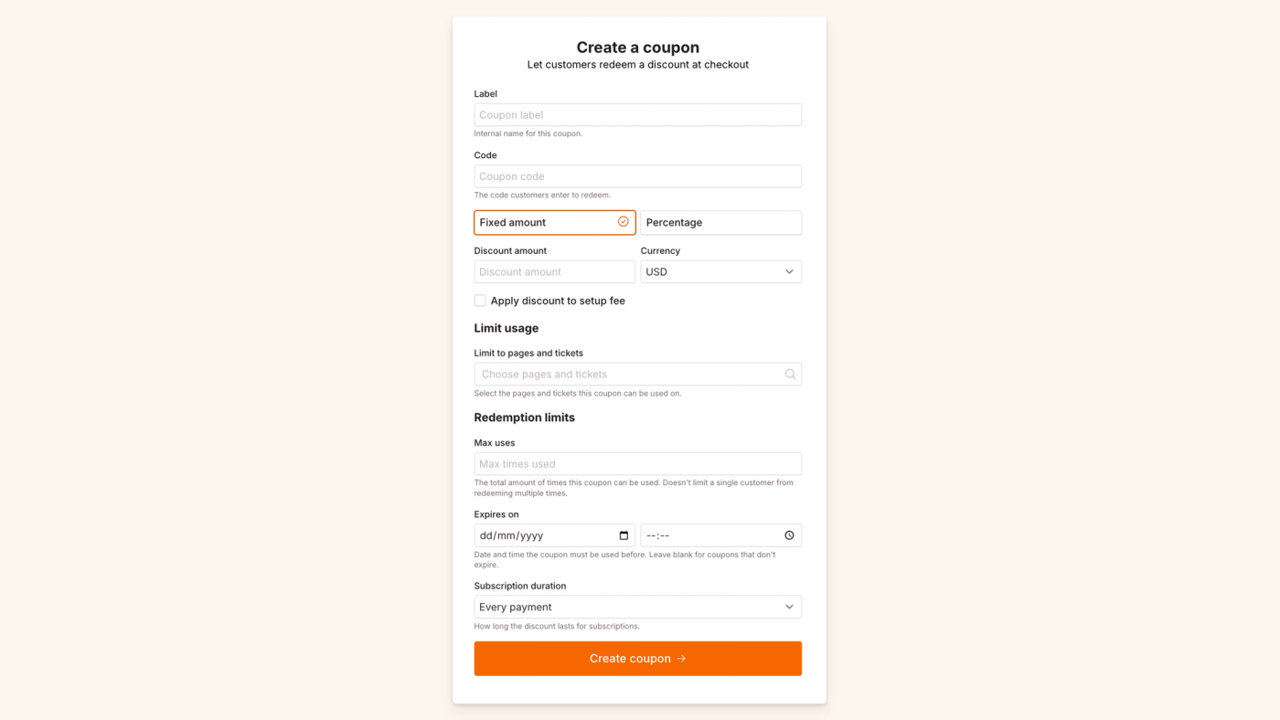 Create a new coupon code