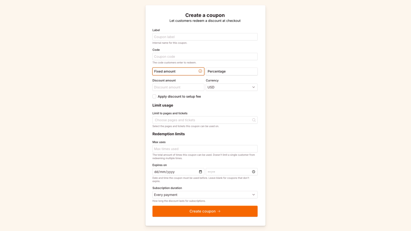 Create a new coupon code