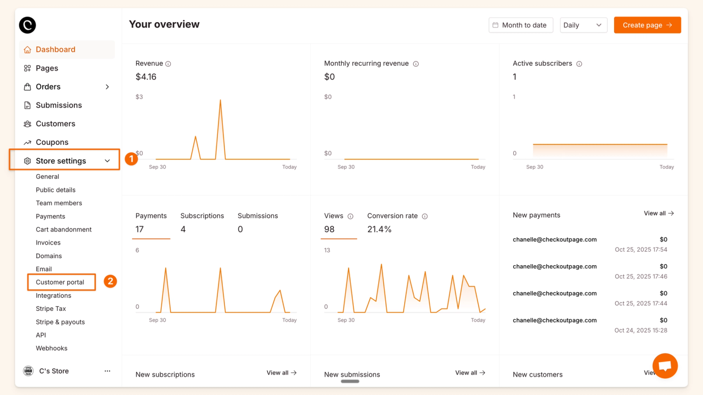 store settings > customer portal