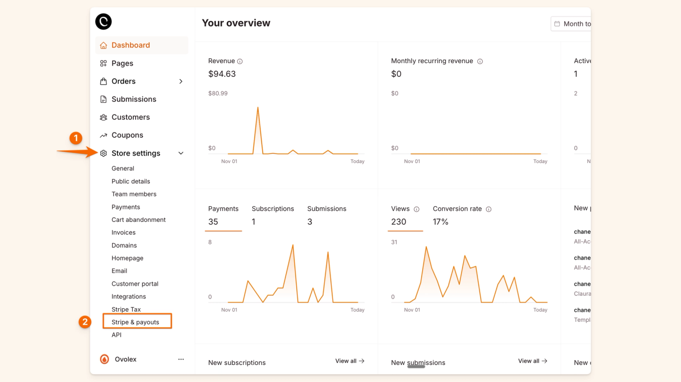 Store settings, Stripe and payouts