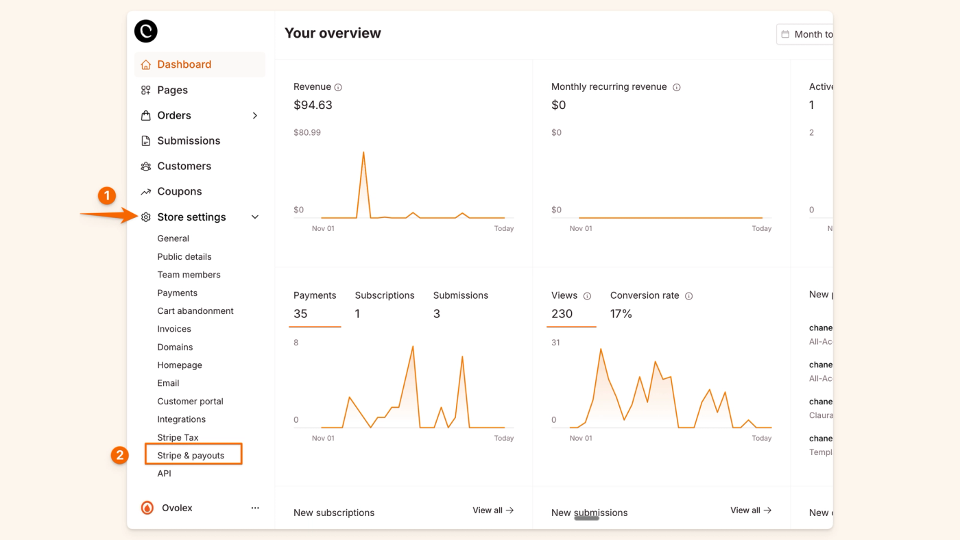 Store settings, Stripe and payouts