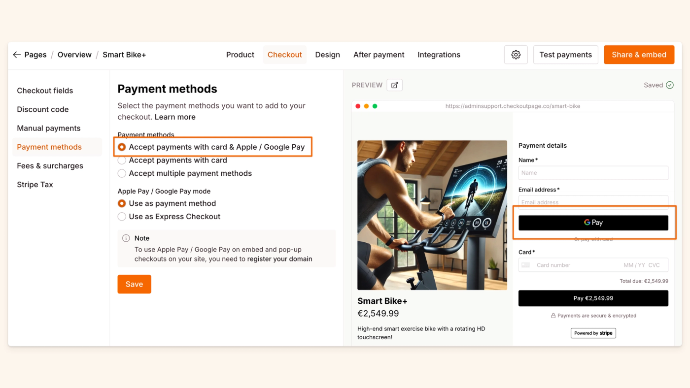 Accept payments with card & Apple / Google Pay 
