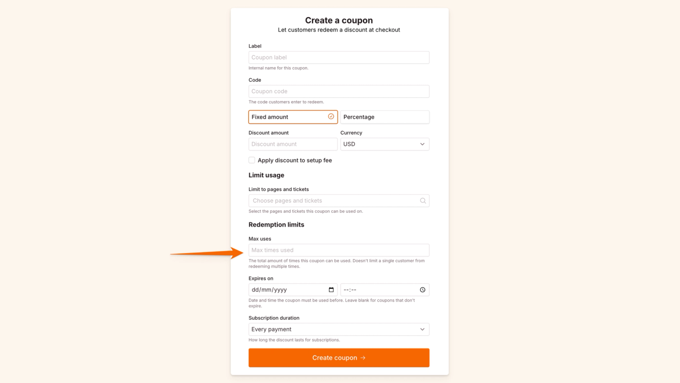 Coupon Code: Redemption Limits - Max uses 