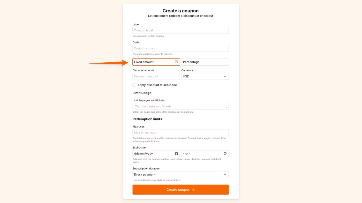 coupon code type: fixed amount or percentage