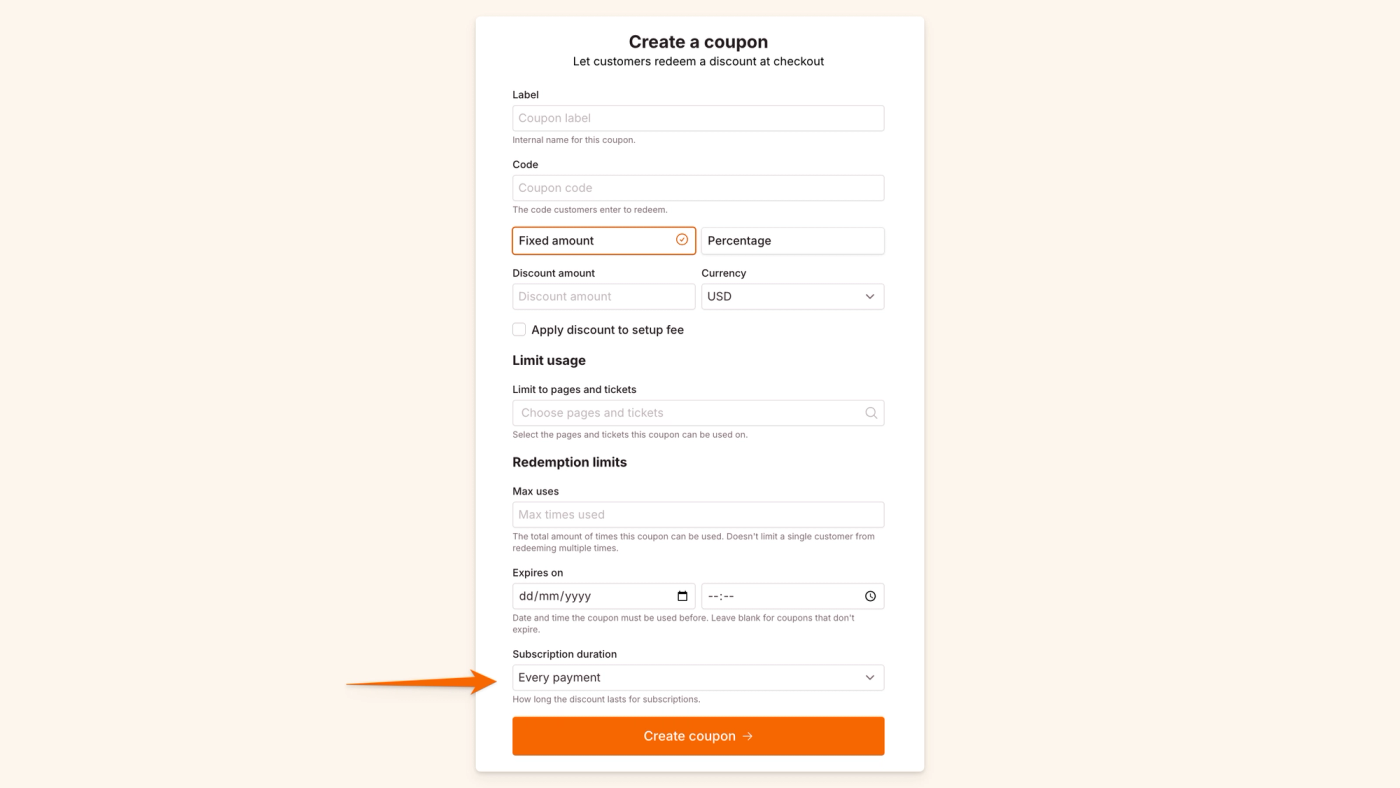 Coupon code subscription duration