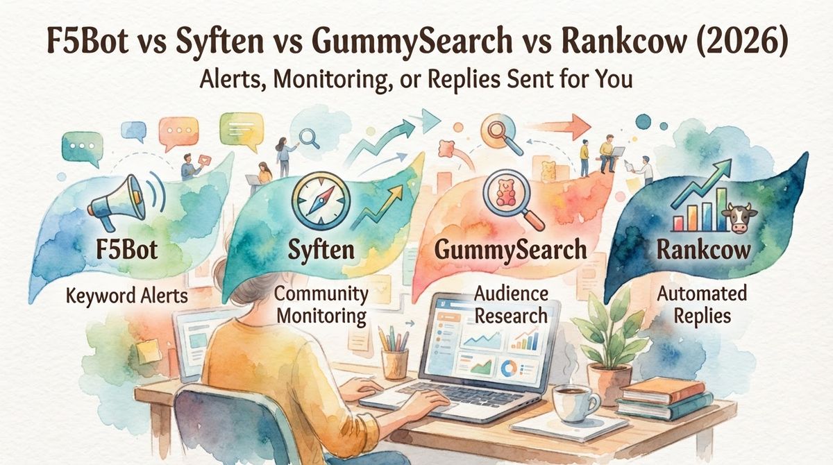 F5Bot vs Syften vs GummySearch vs Rankcow (2026): Alerts, Monitoring, or Replies Sent for You