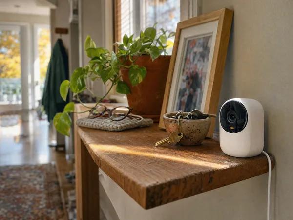 Small white indoor home camera on a sunlit hallway shelf beside keys and a plant, watching one spot in the house
