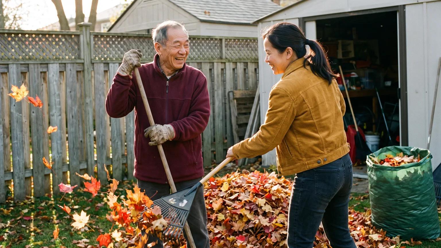 Adult daughter and her father in his late 70s laugh while raking autumn leaves together in the backyard