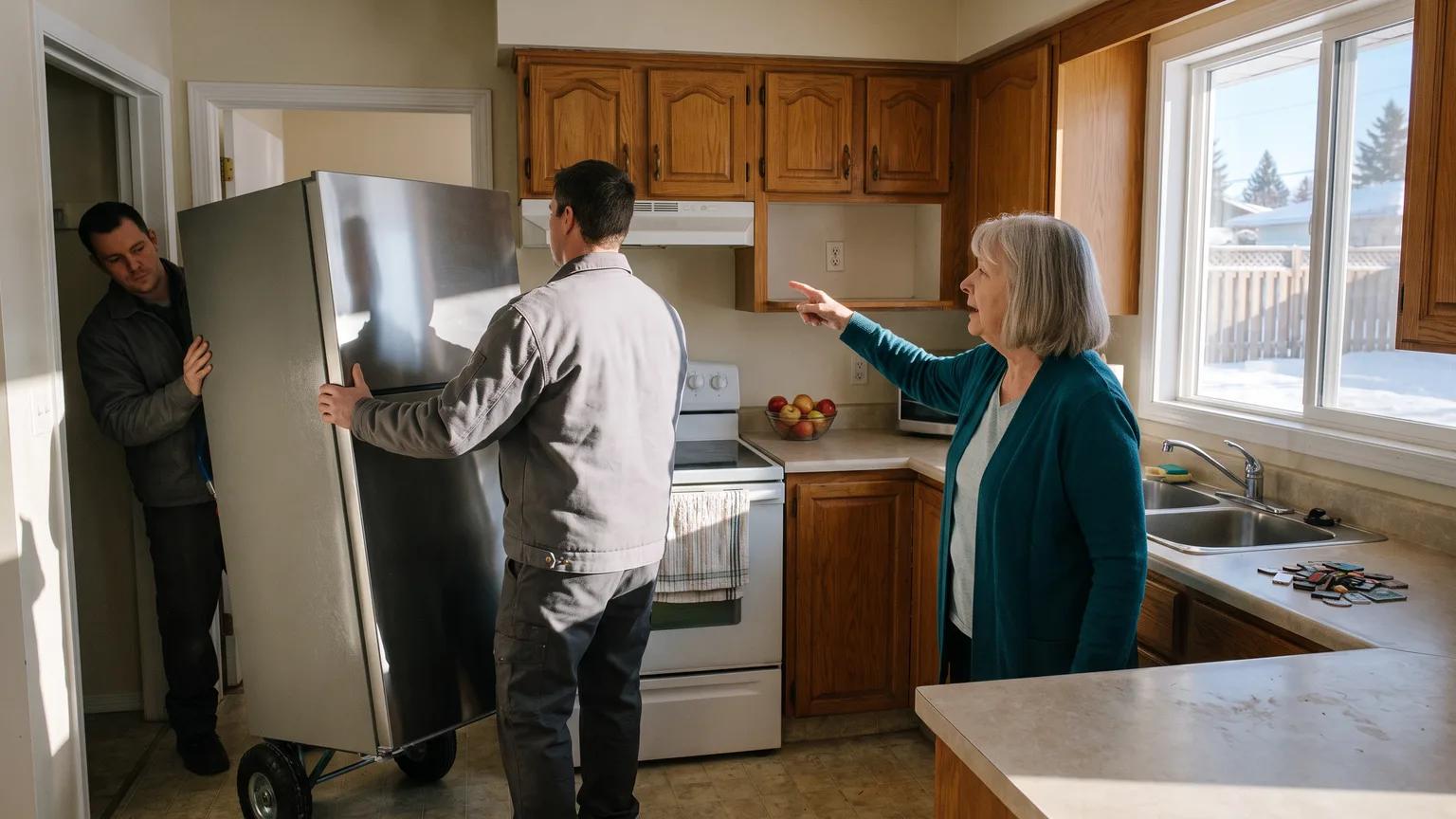 Two delivery workers wheel a new fridge into an Alberta kitchen as a woman in her late 70s points to where it goes.