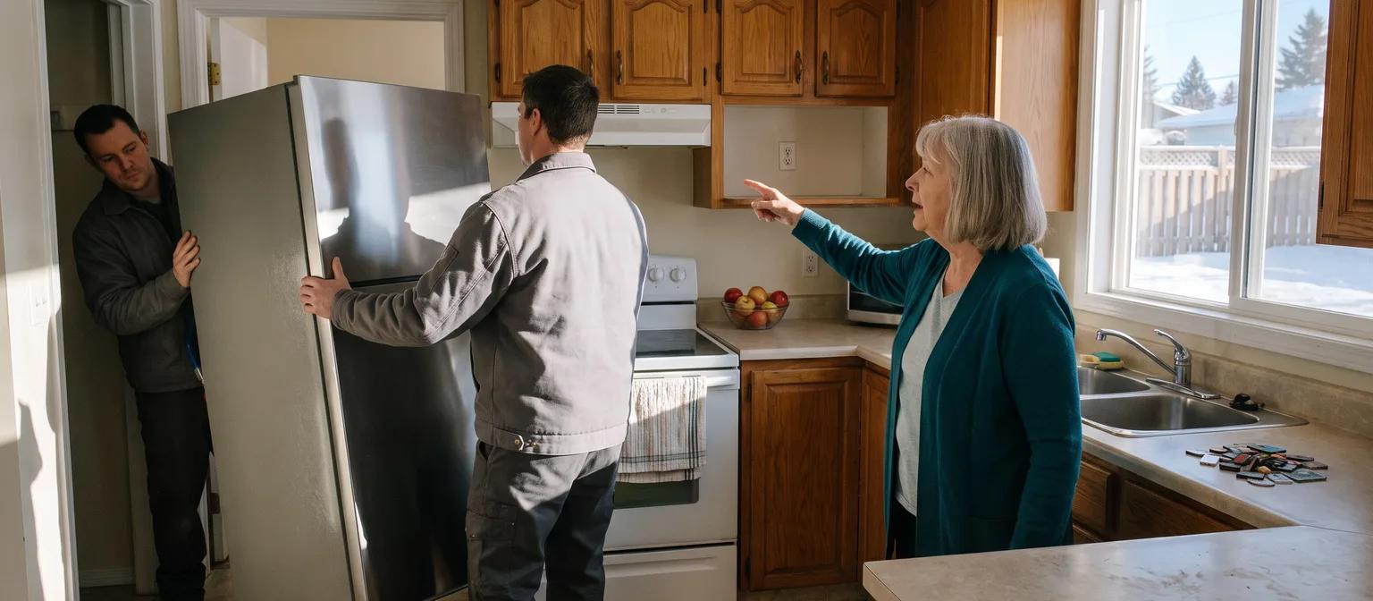 Two delivery workers wheel a new fridge into an Alberta kitchen as a woman in her late 70s points to where it goes.