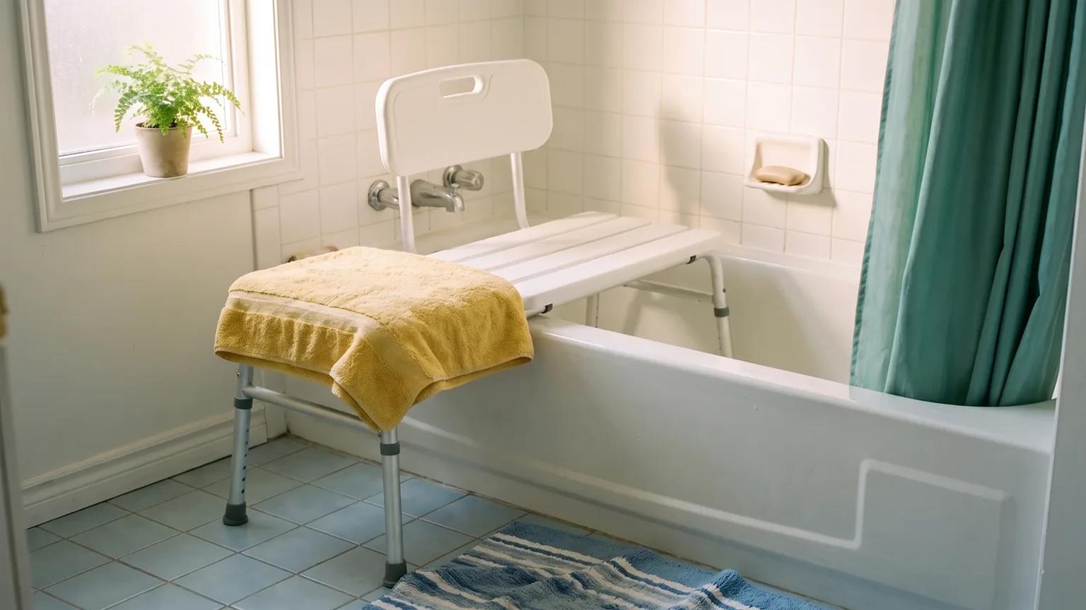 A white tub transfer bench straddles a bathtub rim in a sunny tiled bathroom, two legs in the tub and two on the floor