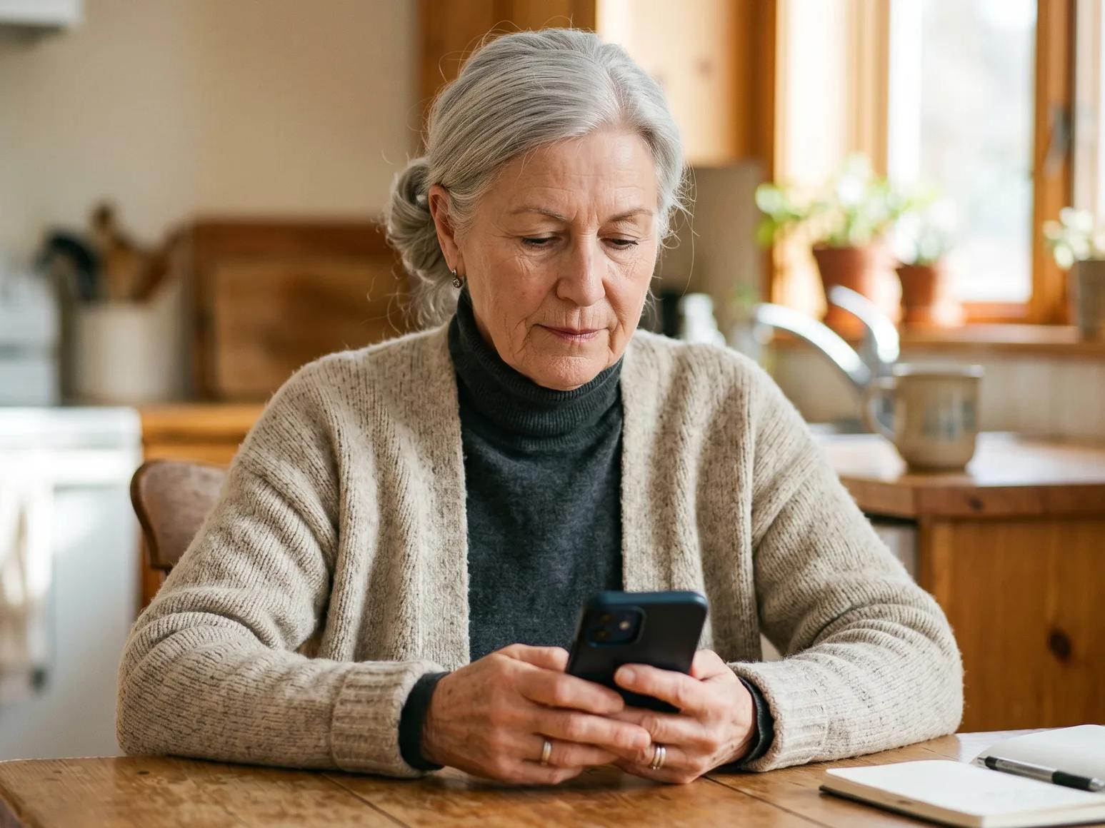 A senior Canadian woman in an oatmeal cardigan reads carefully on her smartphone at a sunlit kitchen table.