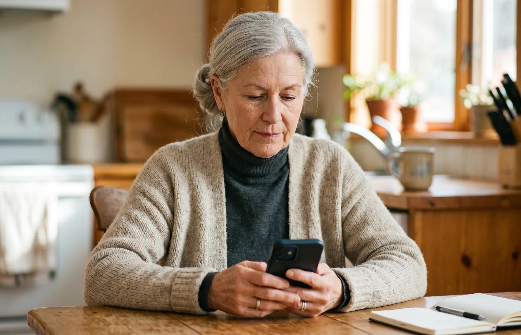 A senior Canadian woman in an oatmeal cardigan reads carefully on her smartphone at a sunlit kitchen table.