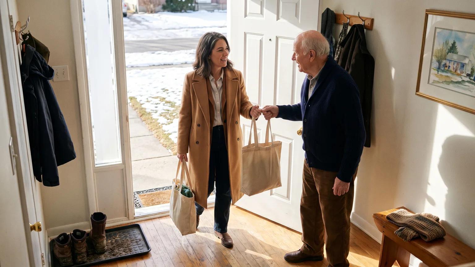 A woman in her early 50s arrives at her father's door with groceries on a sunny winter morning and he takes a bag from her.