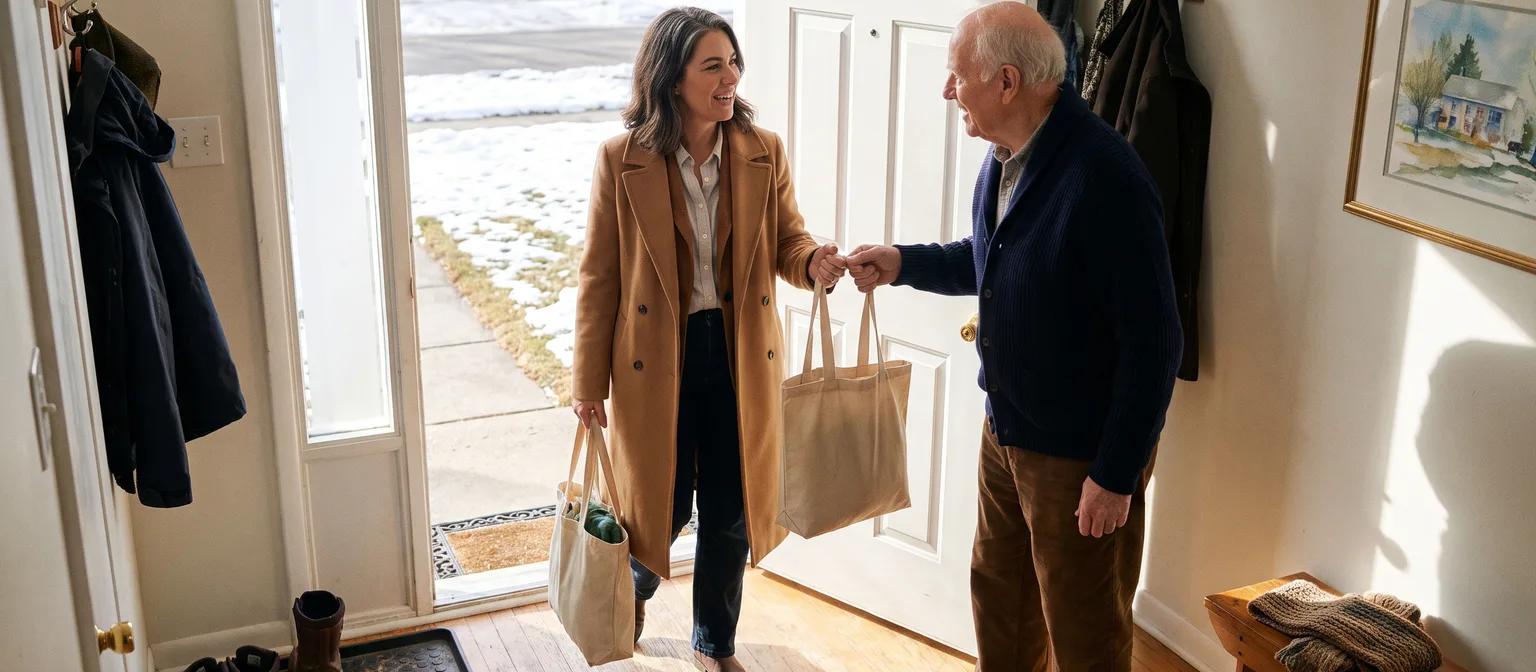 A woman in her early 50s arrives at her father's door with groceries on a sunny winter morning and he takes a bag from her.