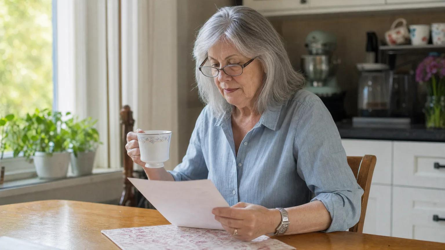 Senior woman with silver hair reading a letter at her kitchen table, tea in hand, in soft morning light