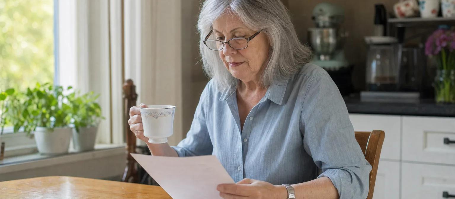 Senior woman with silver hair reading a letter at her kitchen table, tea in hand, in soft morning light