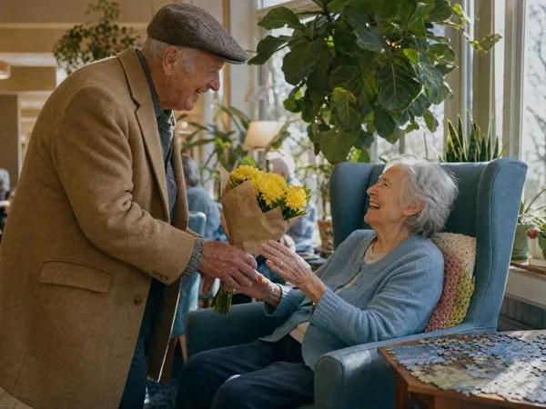 Man in his 80s brings yellow mums to his wife, laughing in an armchair in a bright care home lounge