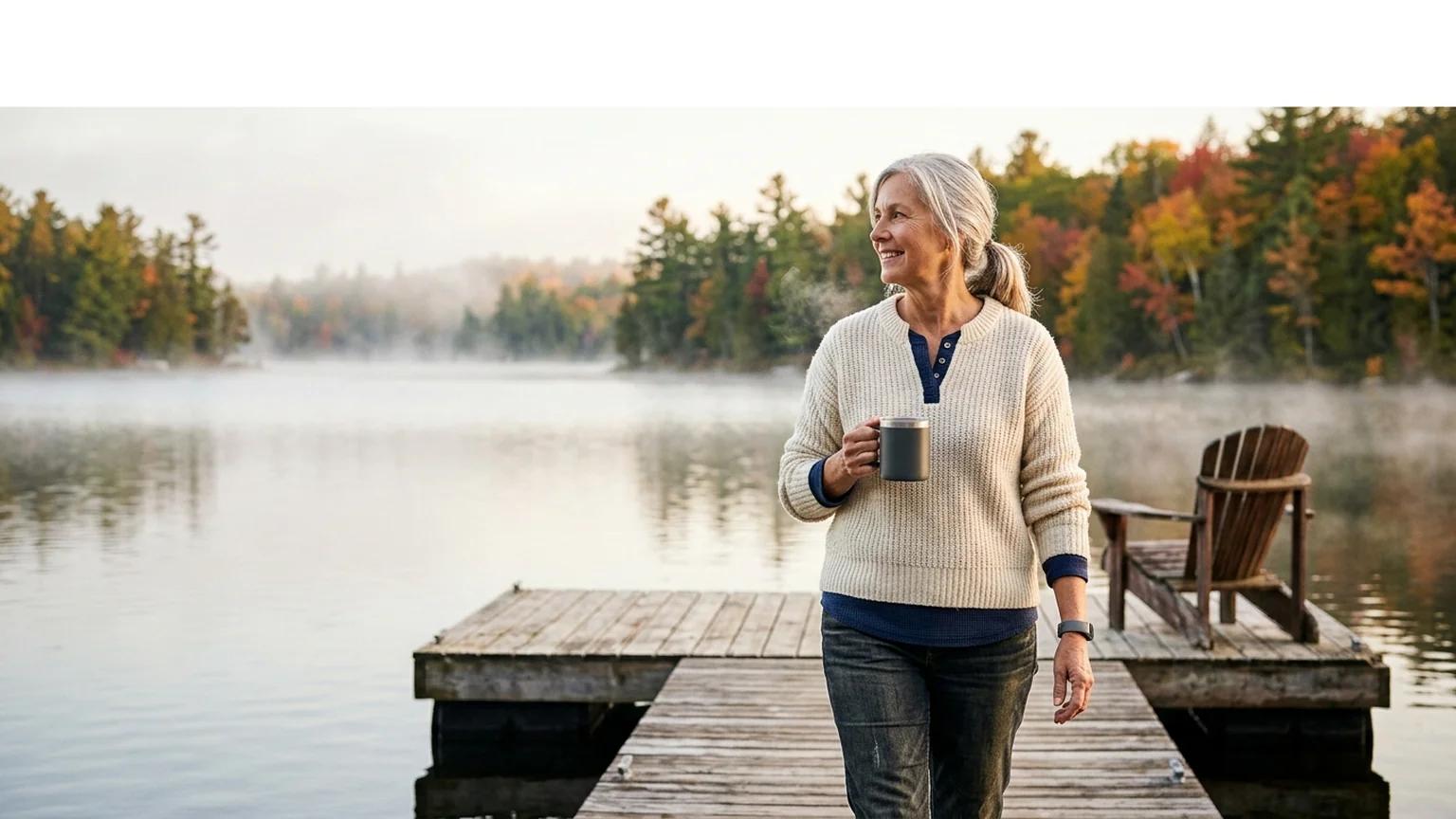Senior Canadian woman in a cream knit sweater walking down a wooden cottage dock with a thermal coffee mug, low morning sun on a misty Canadian Shield lake, a small dark grey medical alert wristband visible on her left wrist.