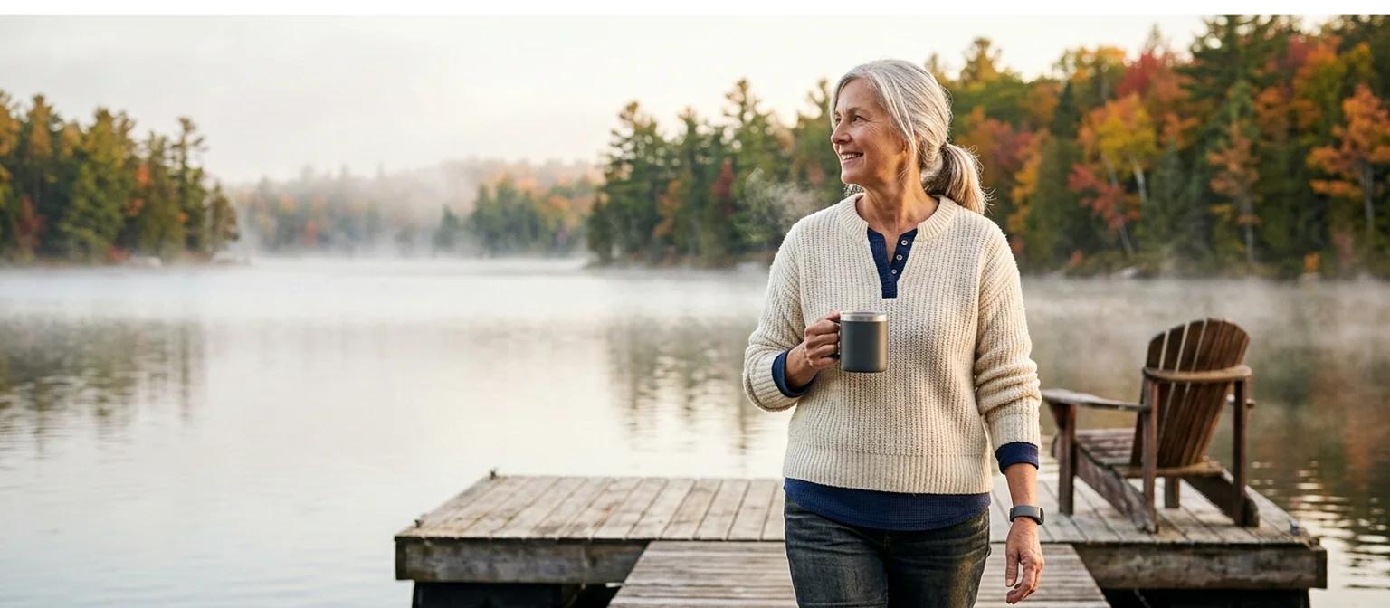 Senior Canadian woman in a cream knit sweater walking down a wooden cottage dock with a thermal coffee mug, low morning sun on a misty Canadian Shield lake, a small dark grey medical alert wristband visible on her left wrist.