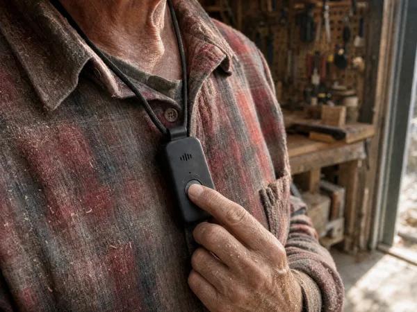 A man in a sawdust-covered plaid shirt reaches across with his own hand and presses his pendant button to start a call.