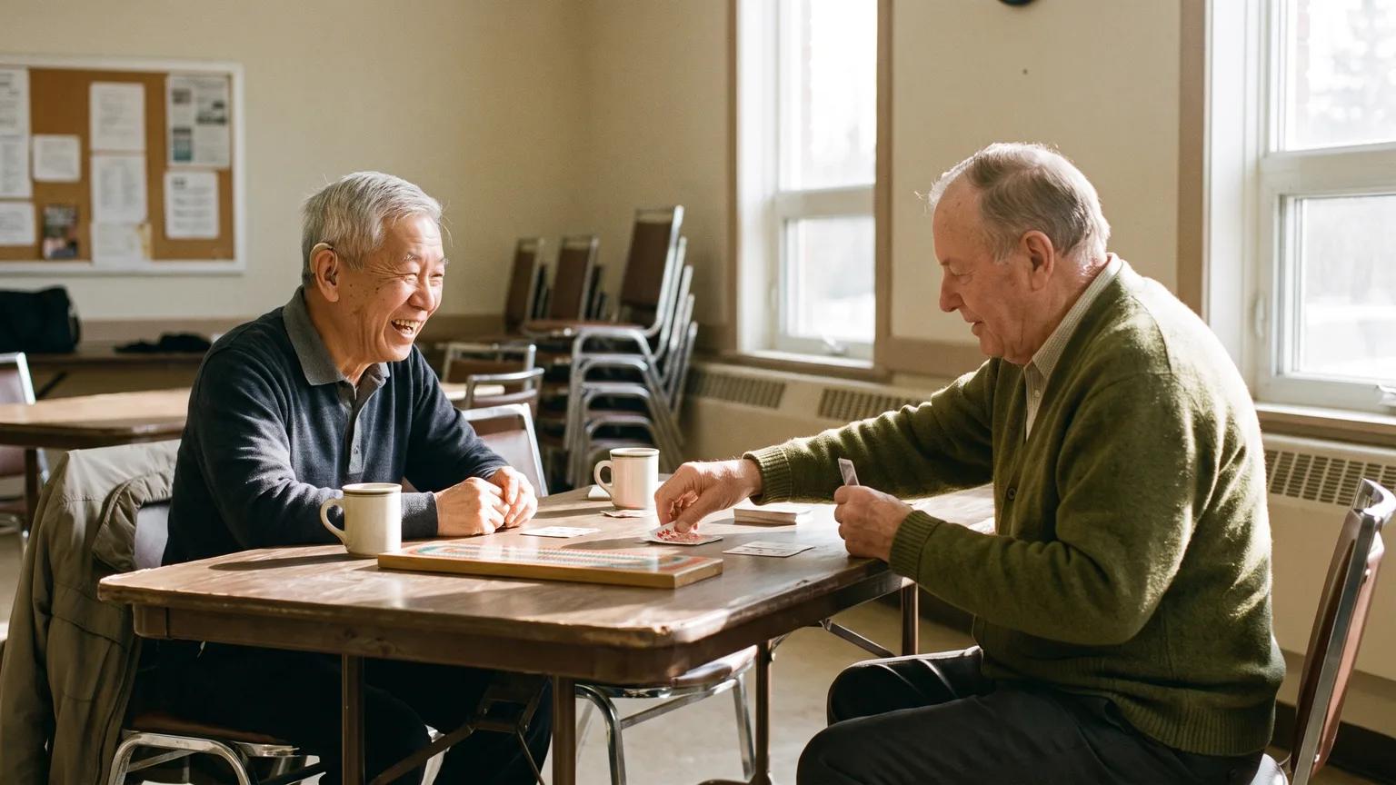 Two friends in their 70s laugh over cards in a bright community hall, one wearing a small behind-the-ear hearing aid