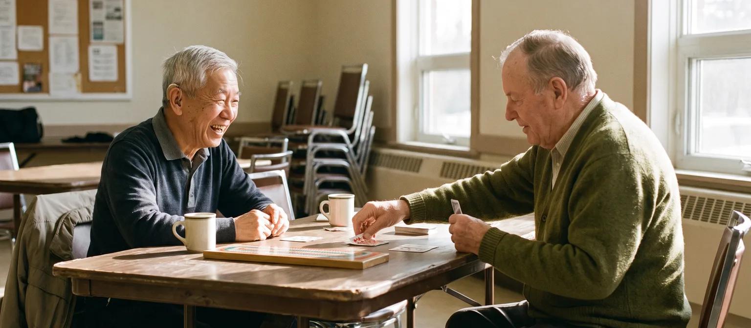 Two friends in their 70s laugh over cards in a bright community hall, one wearing a small behind-the-ear hearing aid