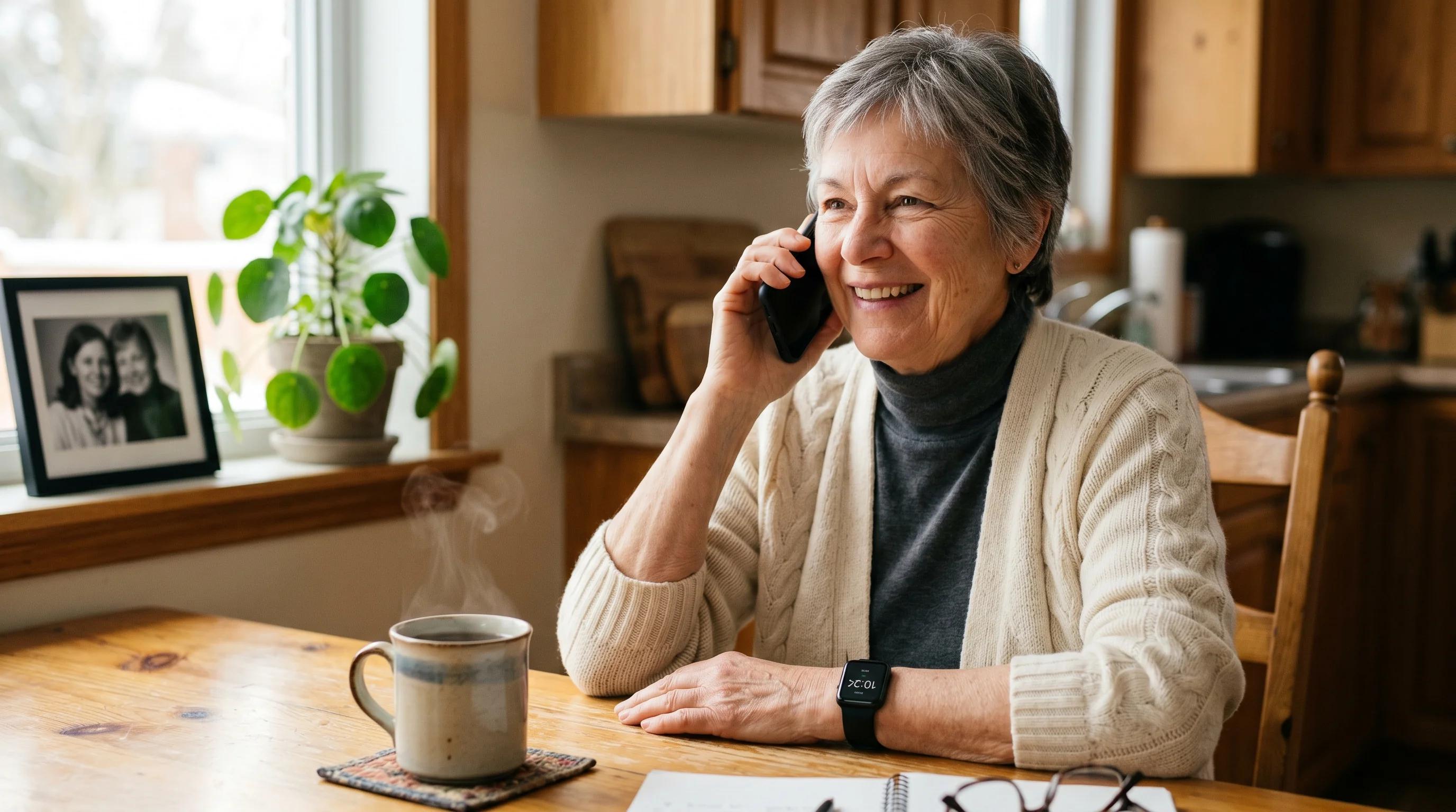 Smiling Canadian woman in her sixties at her kitchen table wearing a discreet black smartwatch with fall detection on her wrist.