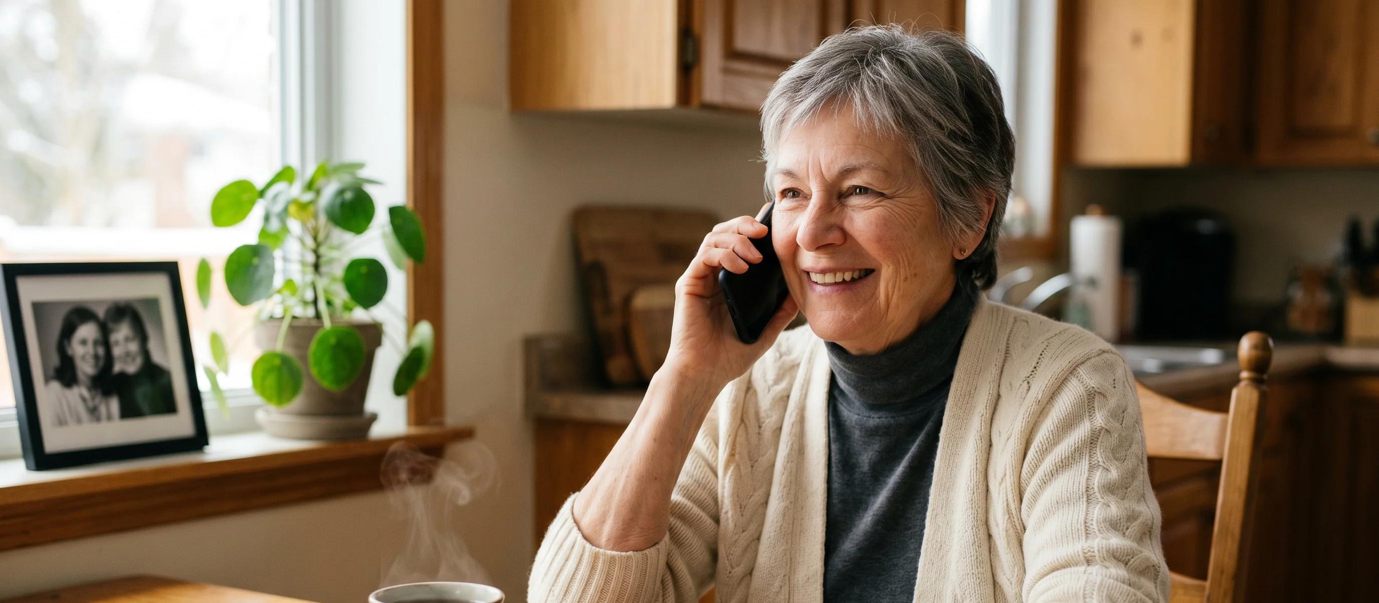 Smiling Canadian woman in her sixties at her kitchen table wearing a discreet black smartwatch with fall detection on her wrist.