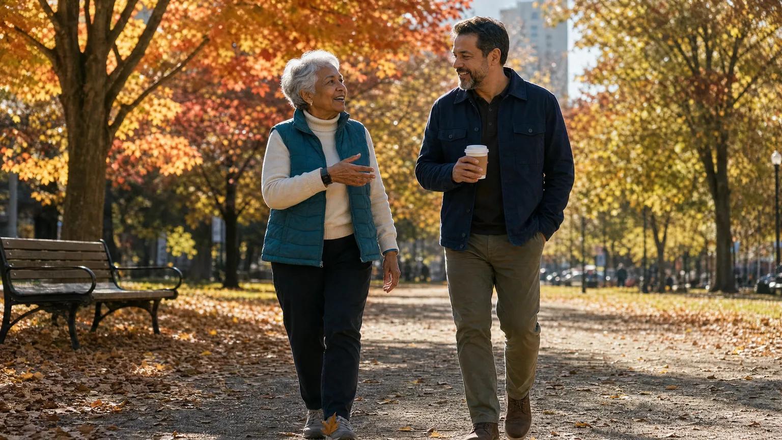 Woman in her late 70s walks a sunny autumn park path with her son, a small black alert device on her wrist