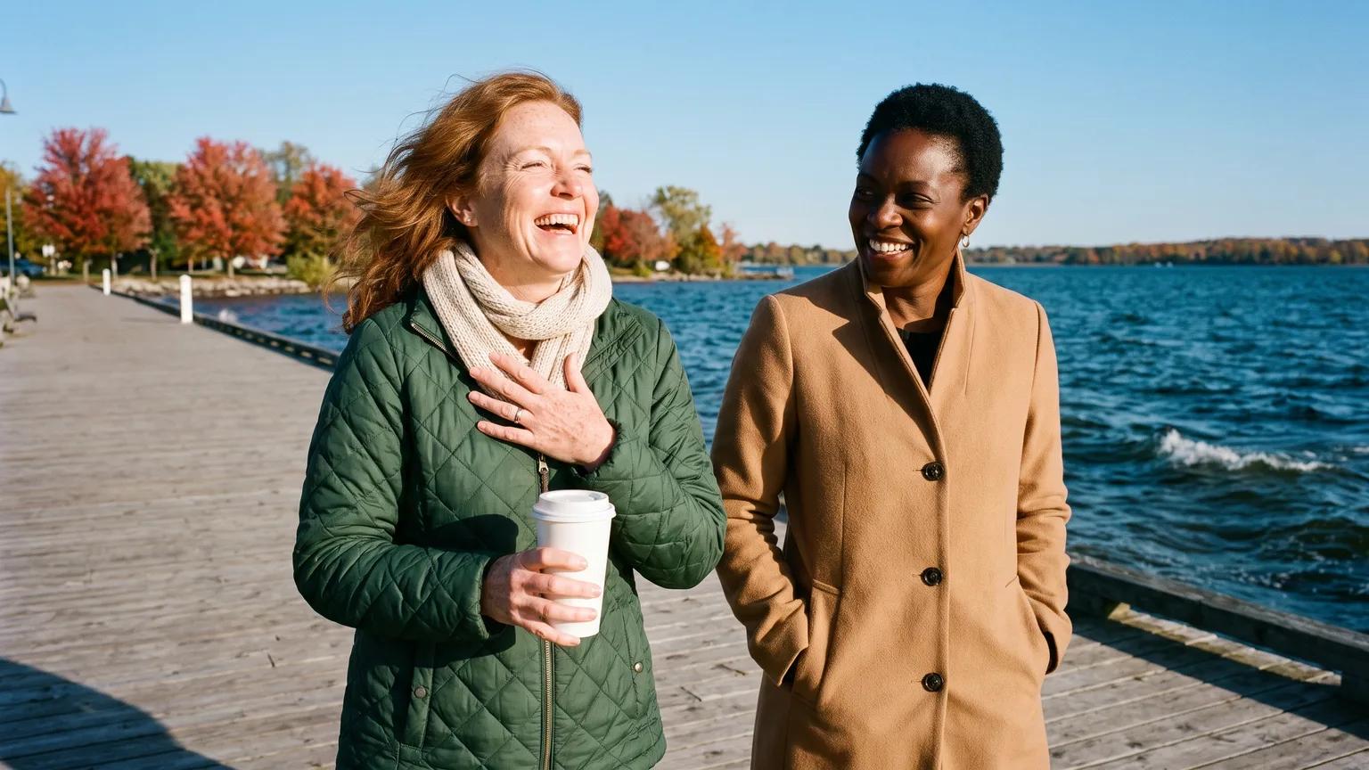 Two friends in their 50s laugh on a lakeside boardwalk, taking an hour that has nothing to do with caregiving