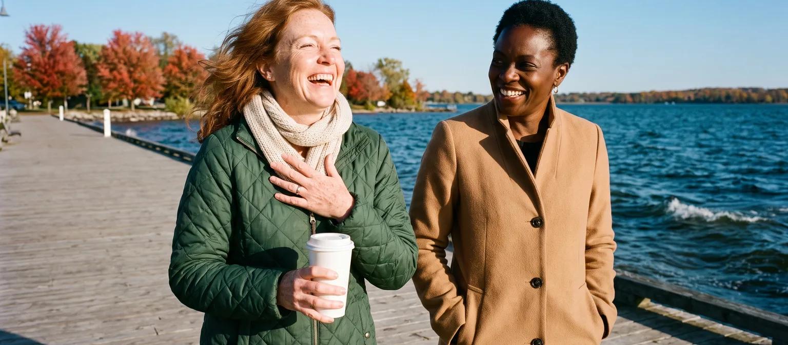 Two friends in their 50s laugh on a lakeside boardwalk, taking an hour that has nothing to do with caregiving